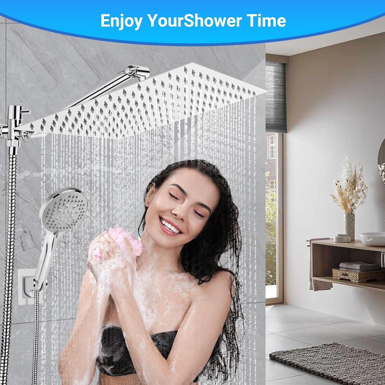 Cabezal de ducha de lluvia de 12 pulgadas con rociador de mano, cabezal de ducha de lluvia con brazo de extensión ajustable de 11 pulgadas, 5