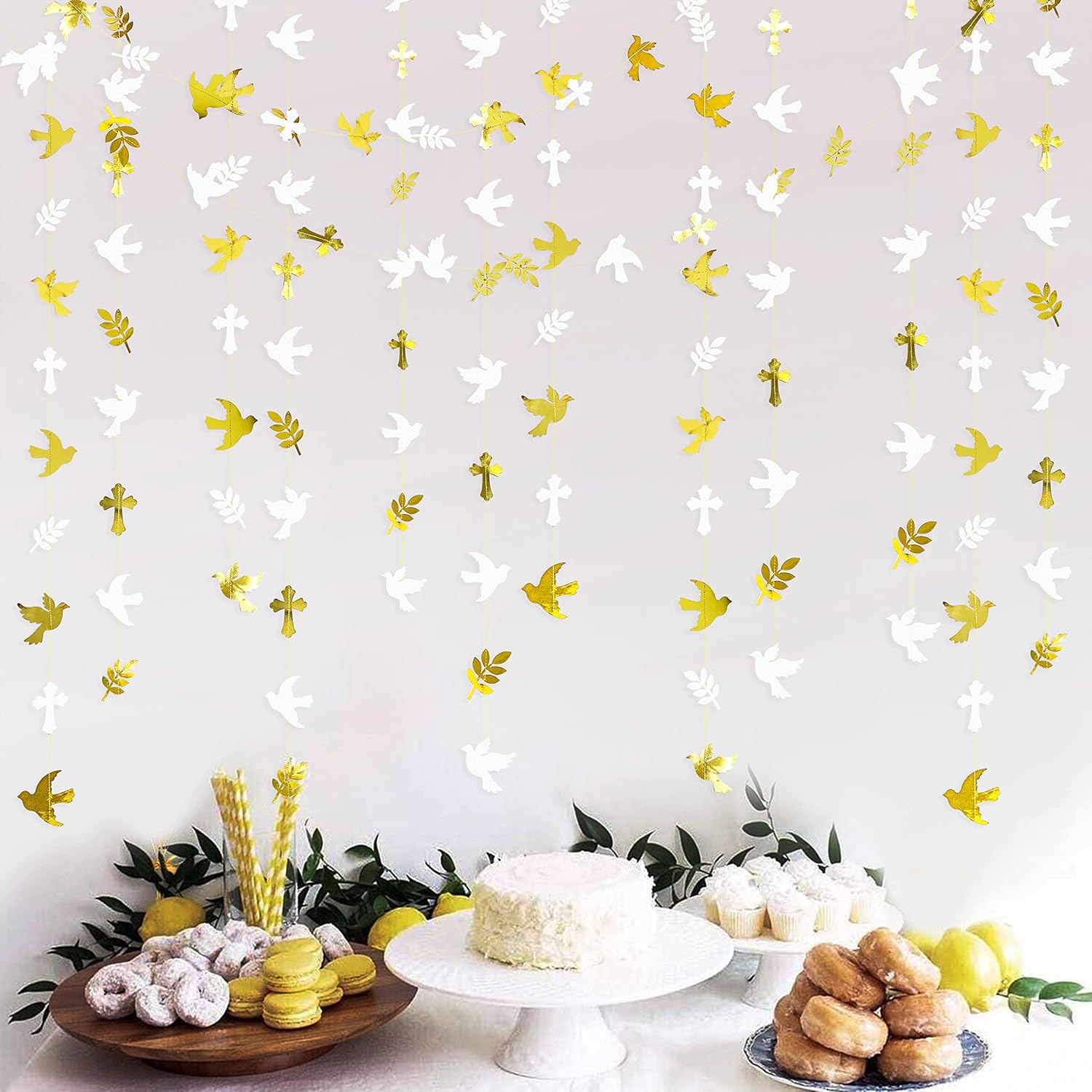 Guirnalda de papel de cruz de hojas de olivo doradas y blancas de 40 pies para primavera, boda, baby shower, cumpleaños, compromiso, primera