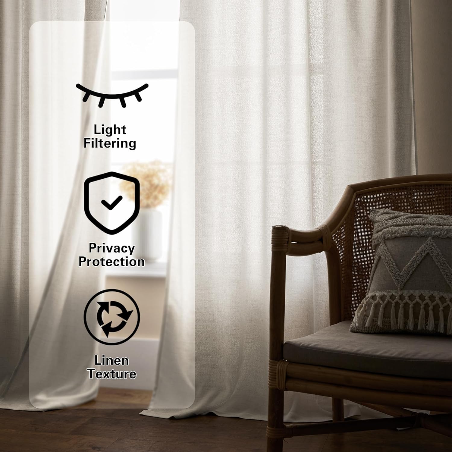 DUKIYO Cortinas de lino natural de 63 pulgadas de largo para dormitorio, cocina, lavandería, cinturón rústico con gancho para barra, cortinas