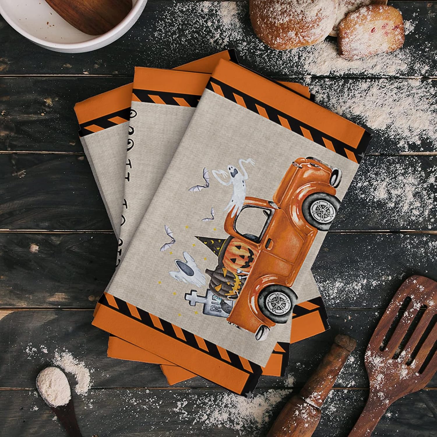 2 Packs Kitchen Towels and Dishcloths Sets, Happy Halloween Trick Or Treat Jack-O’-Lanterns Orange Truck 18 x28 Inch Cotton Dish Towel, Absorbent