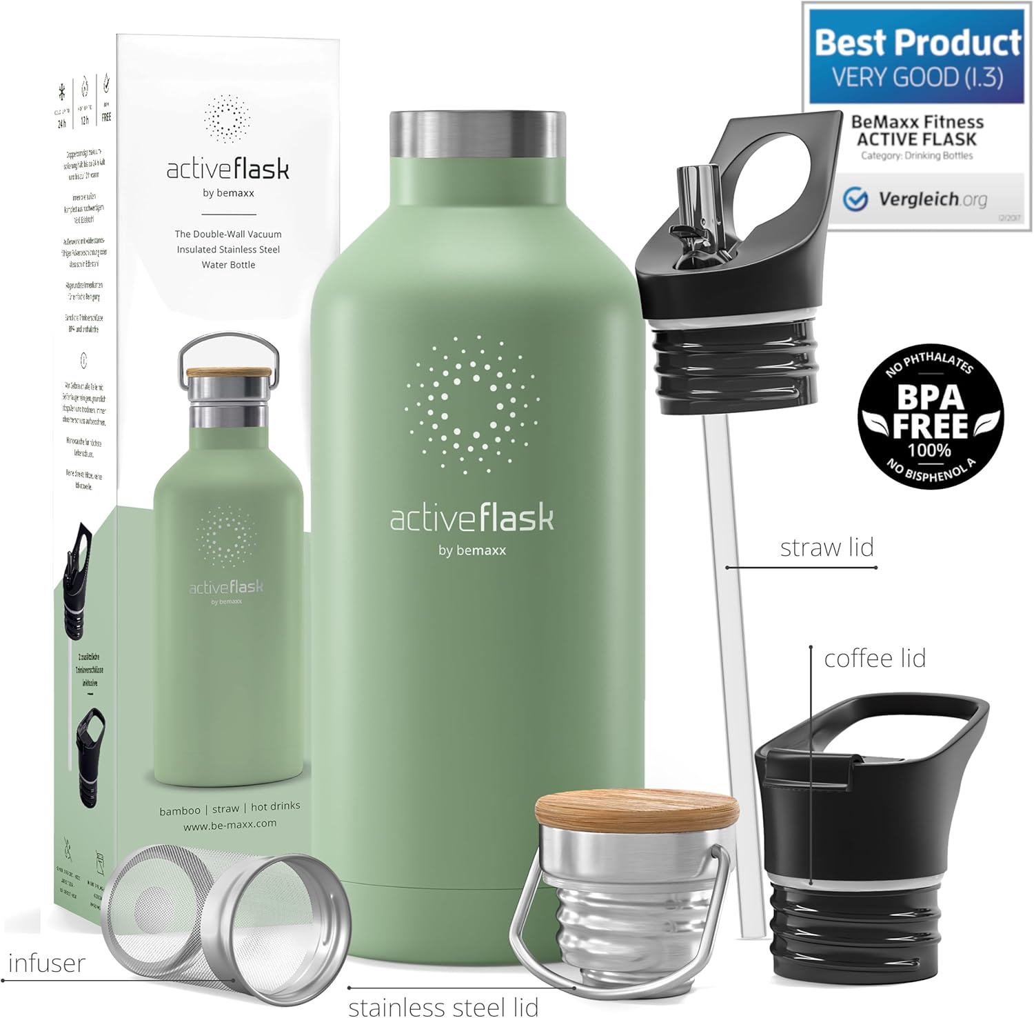 Botella de agua de acero inoxidable con popote (3 tapas), sin BPA, a prueba de fugas, adecuada para bebidas carbonatadas, botella de agua,