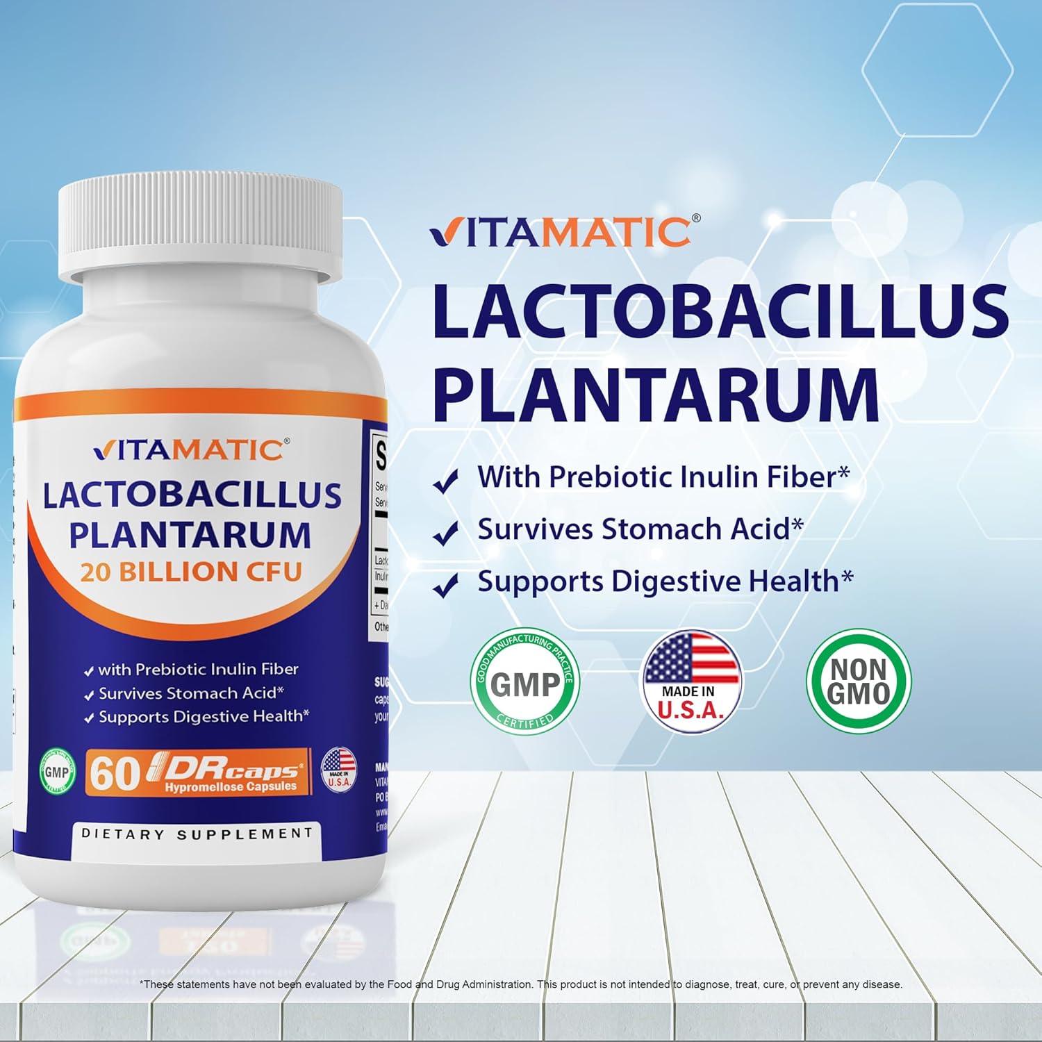 Vitamatic Lactobacillus Plantarum – 20 mil millones por cápsula DR – 60 unidades – Soporte digestivo – Fabricado con fibra prebiótica de inulina