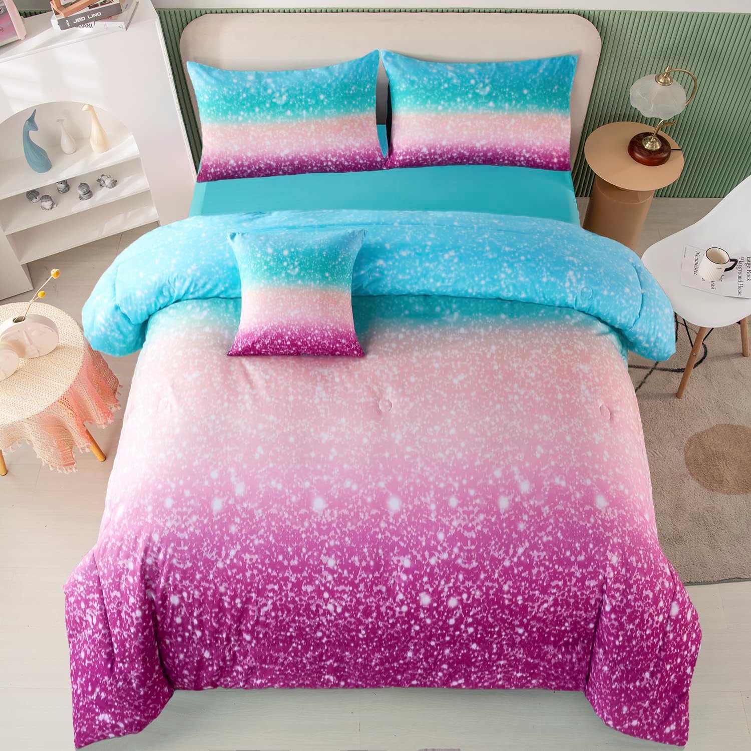 PERFEMET Juego de edredón Queen con sábanas, juego de ropa de cama de 6 piezas de teñido anudado arco iris para niñas, ropa de cama degradado con