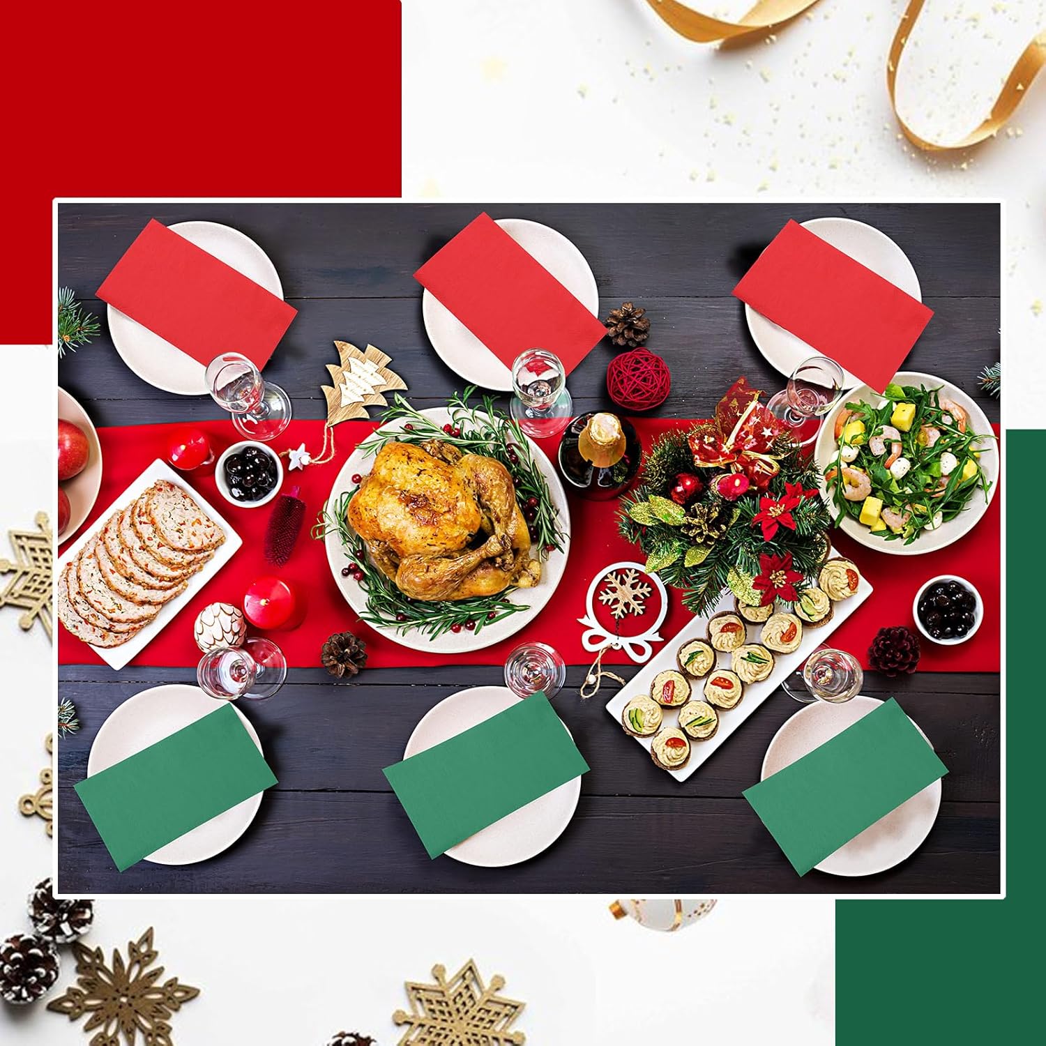 Teling 100 servilletas de Navidad desechables de papel rojo y verde para cena de Navidad, servilletas de mano para cena de Navidad para el hogar,