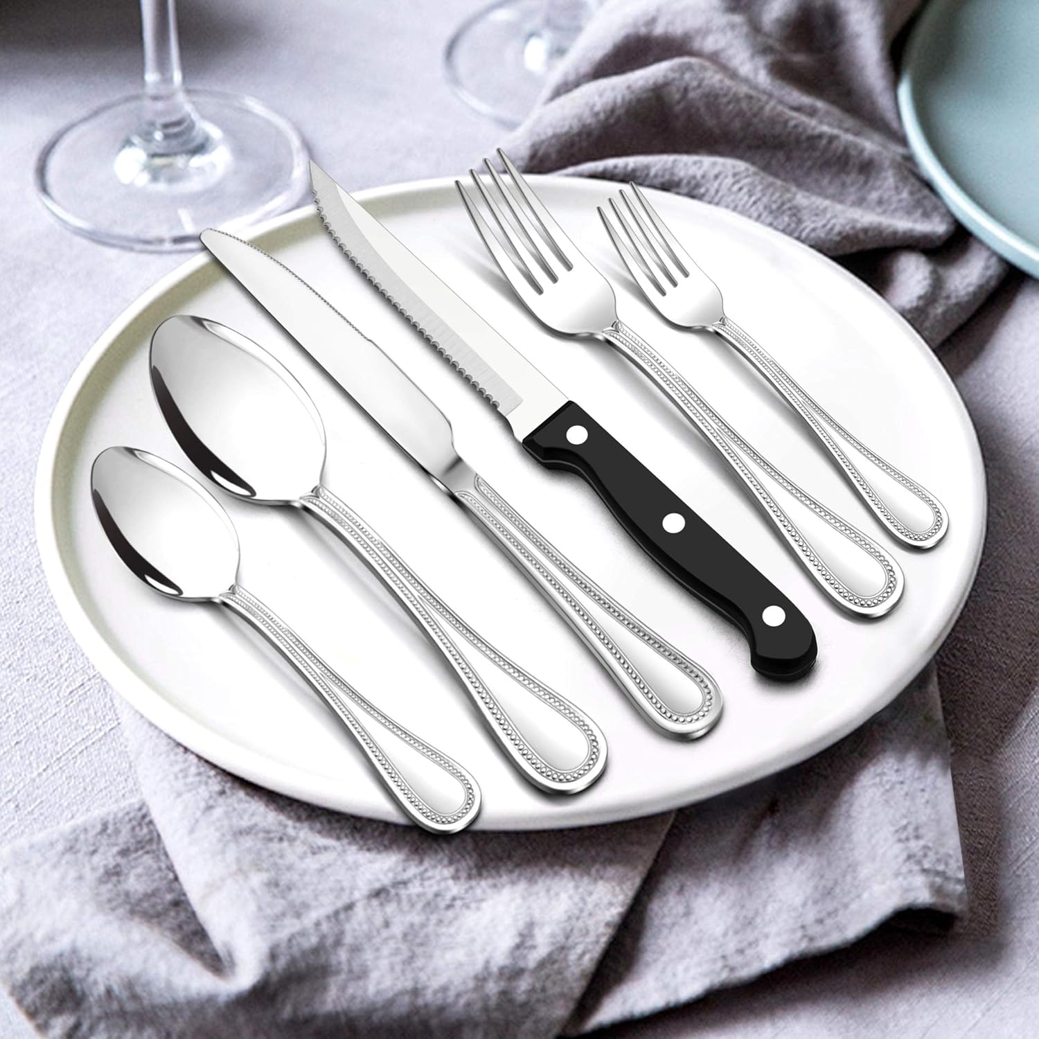 LIANYU Juego de cubiertos de 36 piezas con cuchillos para carne para 6, cubiertos de acero inoxidable para cocina, restaurante, hotel, utensilios de