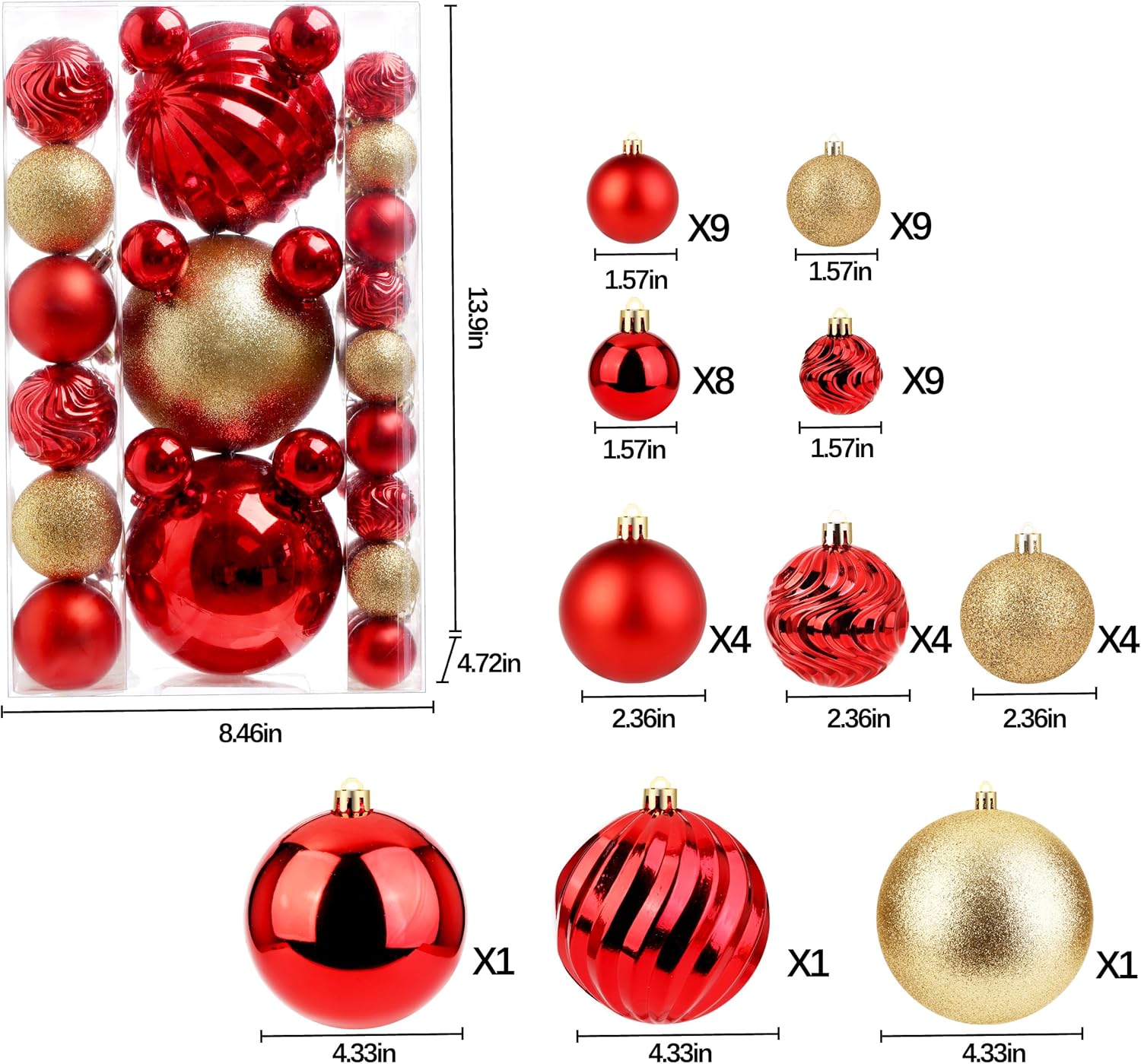 Adornos de bola de Navidad para decoraciones de Navidad, 50 piezas extra grandes para árbol de Navidad, adornos inastillables, rojo y dorado (combo