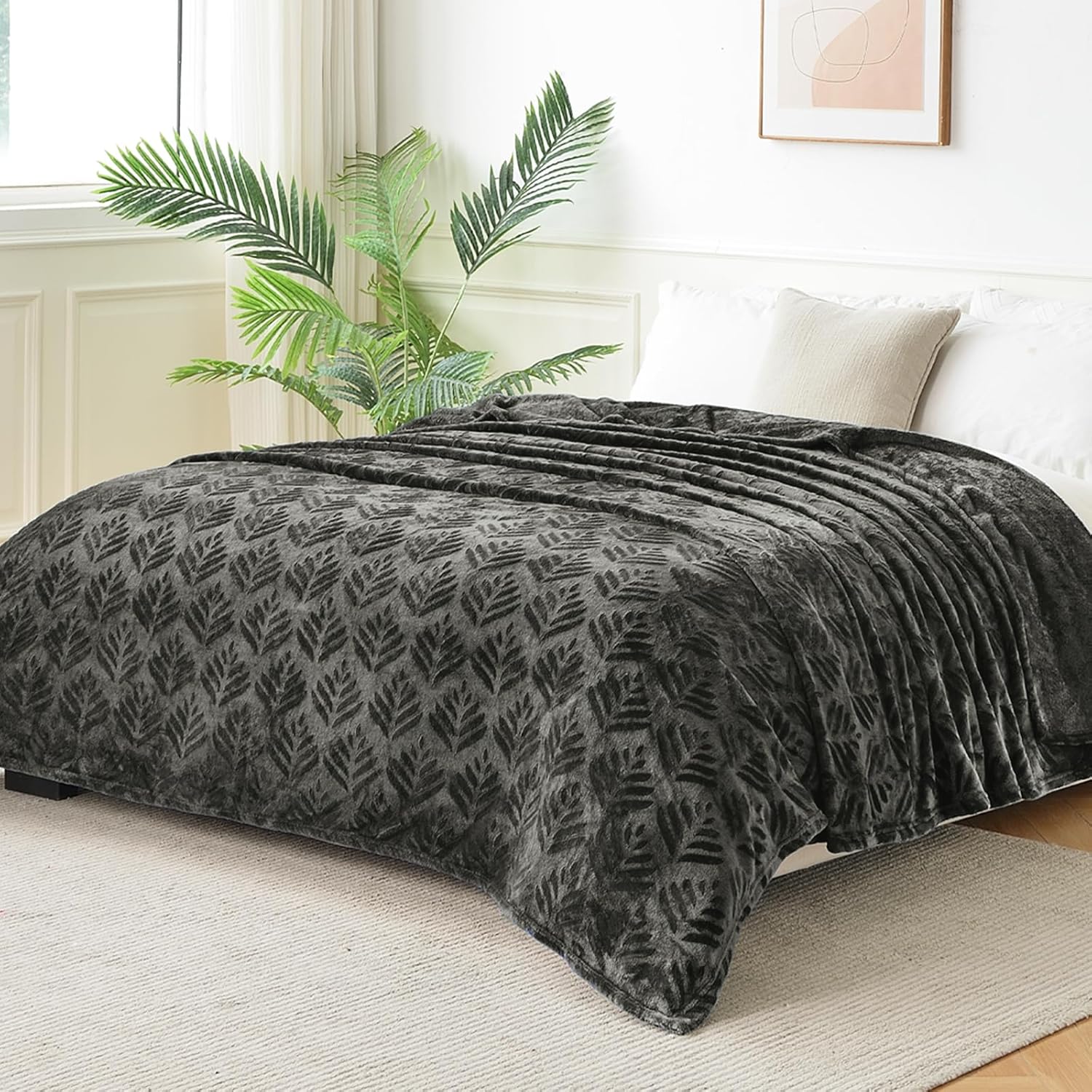 Exclusivo Mezcla Manta de forro polar para sofá, mantas súper suaves y acogedoras para todas las estaciones, patrón de hojas, felpa ligera, gris
