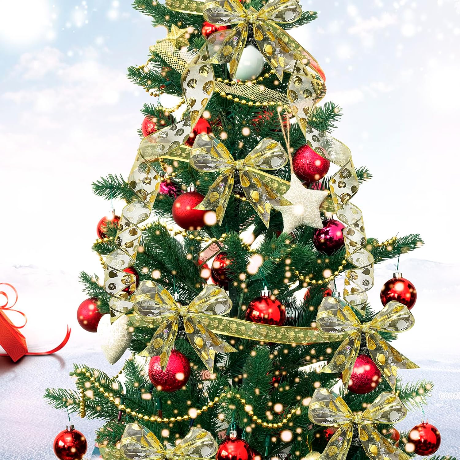 Cinta dorada para árbol de Navidad de 2.5 pulgadas, 6 rollos de 36 yardas, cinta dorada de Navidad, cintas doradas para fiestas navideñas con cable,