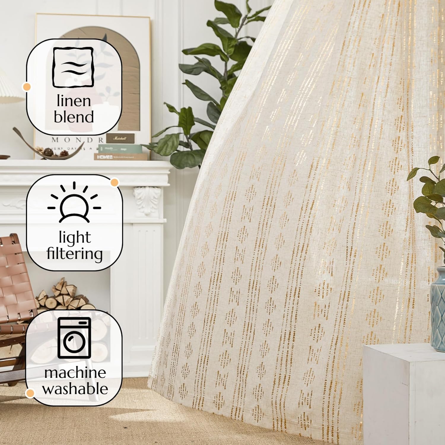 jinchan Cortinas bohemias de lino para sala de estar, cortinas con estampado de lámina dorada, 63 pulgadas de largo, 2 paneles de cortinas