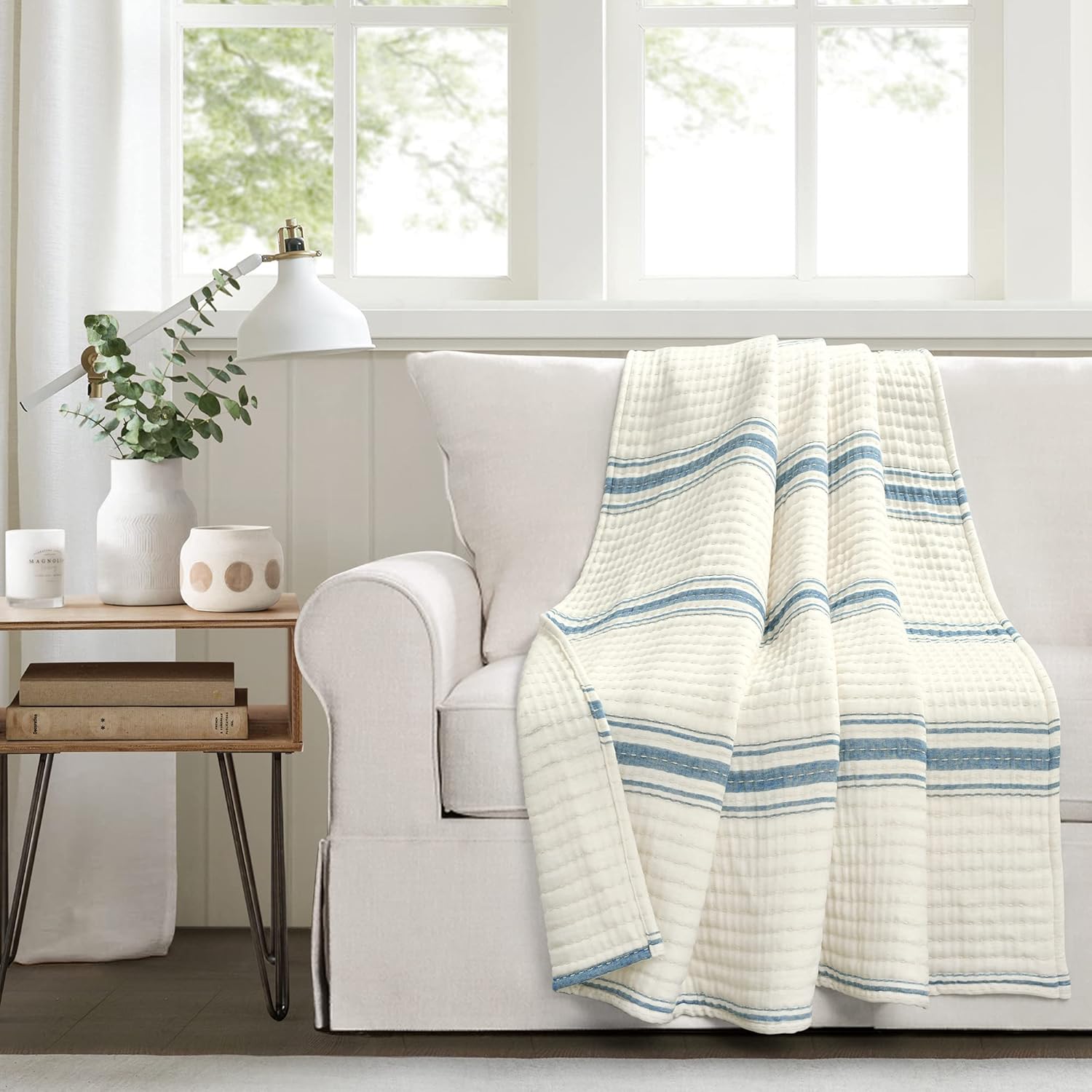 Lush Decor Farmhouse Stripe Kantha Pick Stich – Manta tejida de algodón teñido, reversible, 50 x 60 pulgadas, color azul