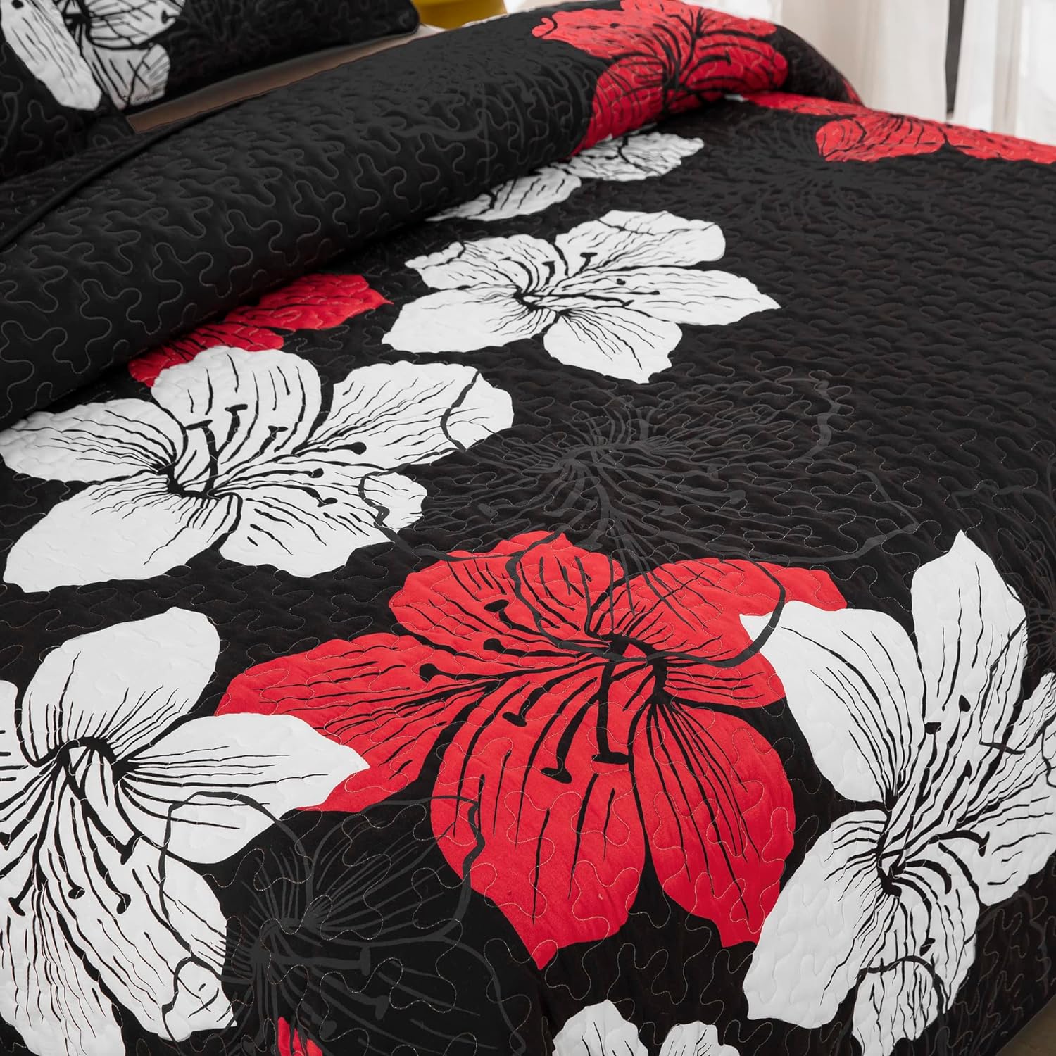 DJY Juego de edredón de 3 piezas California King con patrón floral rojo, elegante colcha bohemia con 2 fundas de almohada, juego de edredón floral