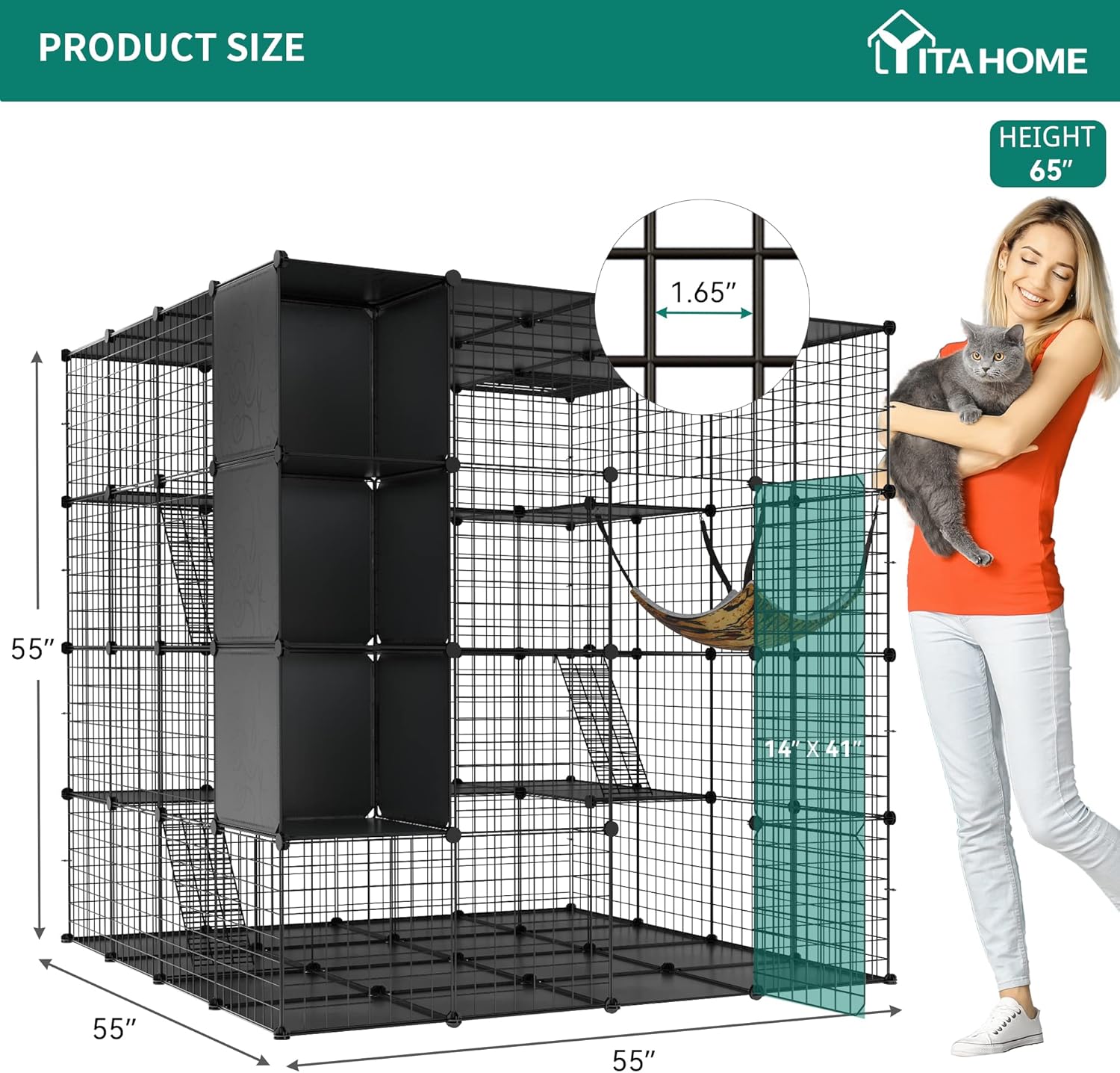 YITAHOME Jaula grande para gatos con cubo de almacenamiento, recintos para gatos para interiores, corralito de metal para gatos con hamaca grande