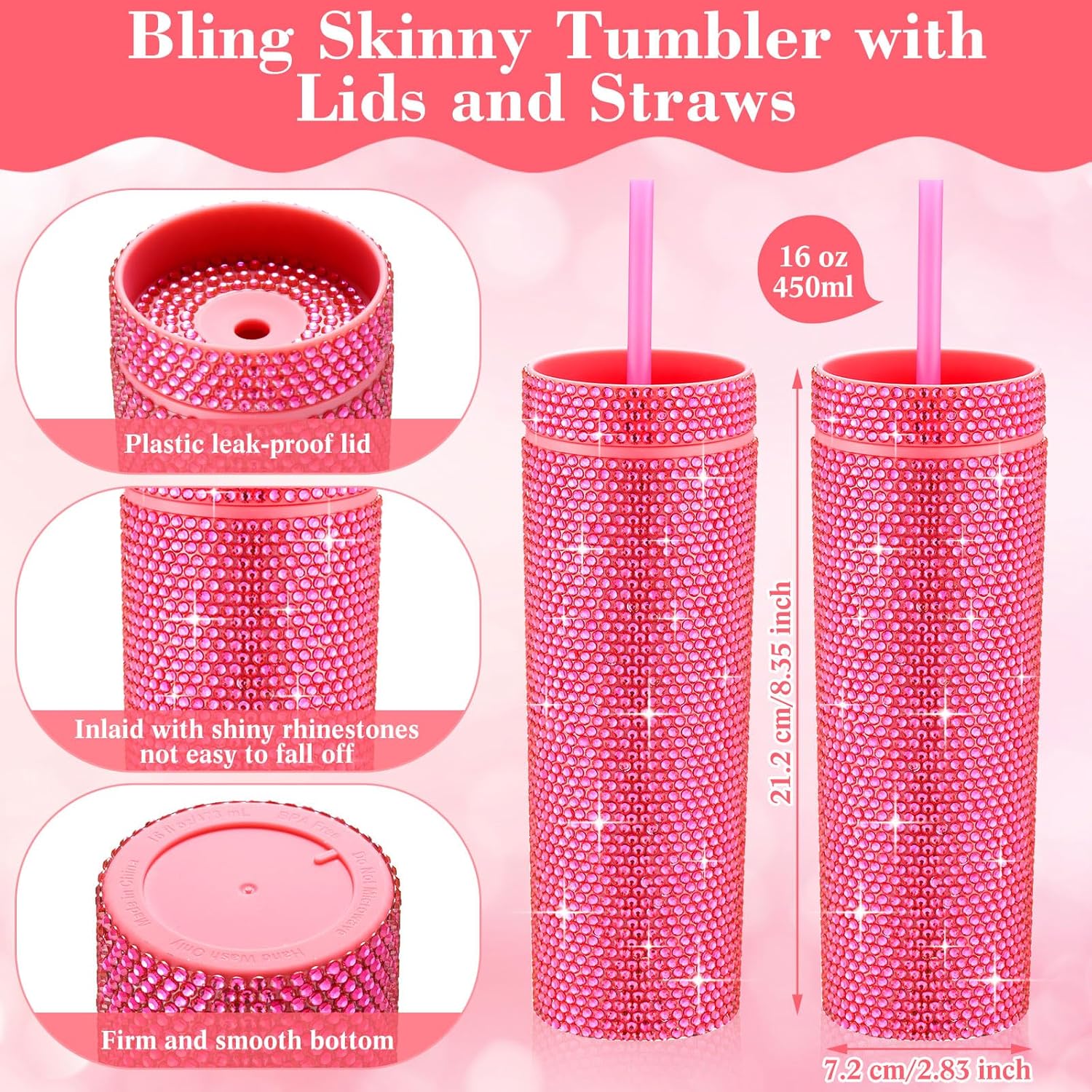 6 vasos brillantes a granel de 16 onzas con diamantes de imitación, reutilizables, vasos de plástico con diamantes de imitación para mujeres, niñas,
