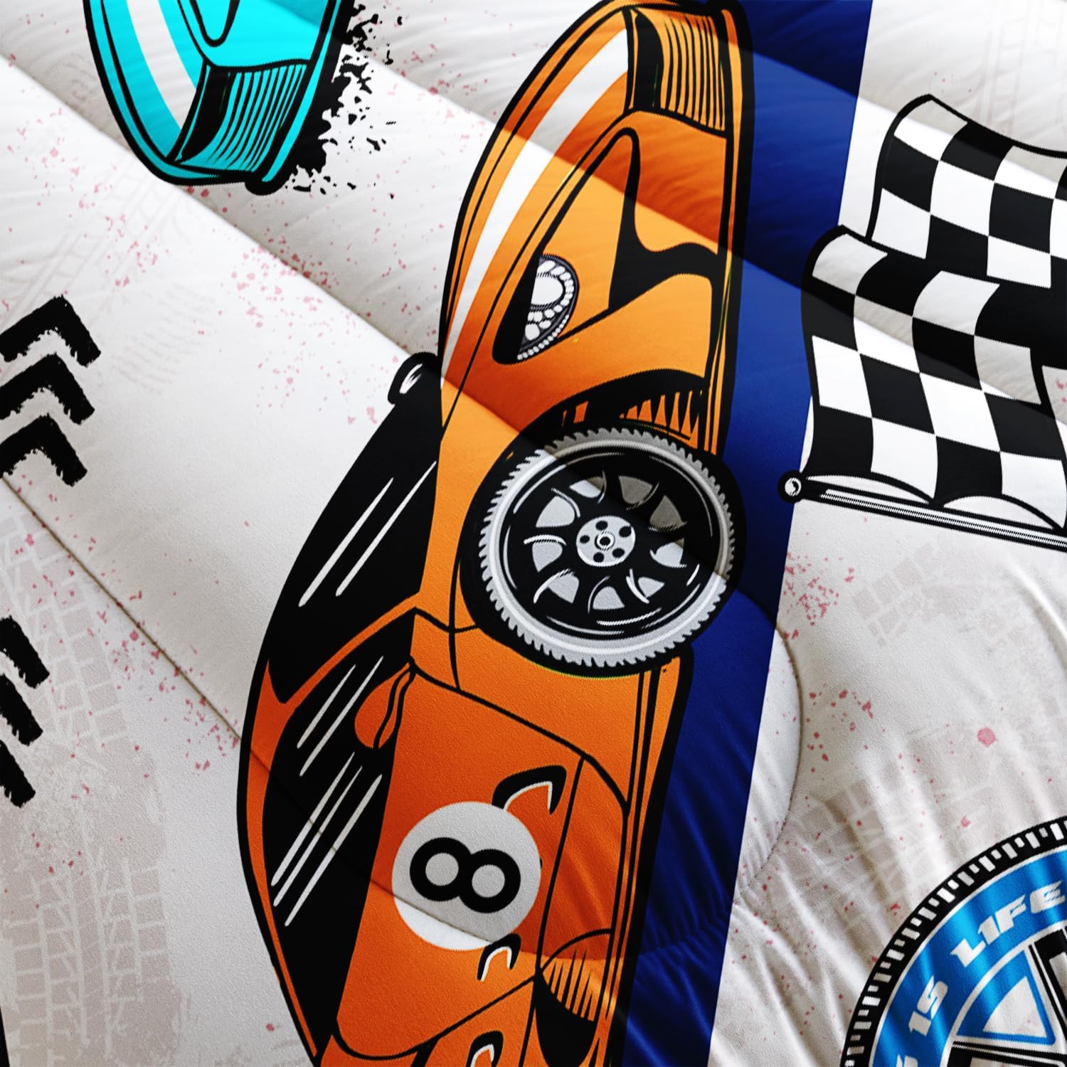 AILONEN Juego de edredón de coche de carreras, tamaño matrimonial, juego de ropa de cama a cuadros para niños y niños, cama de auto de carreras de
