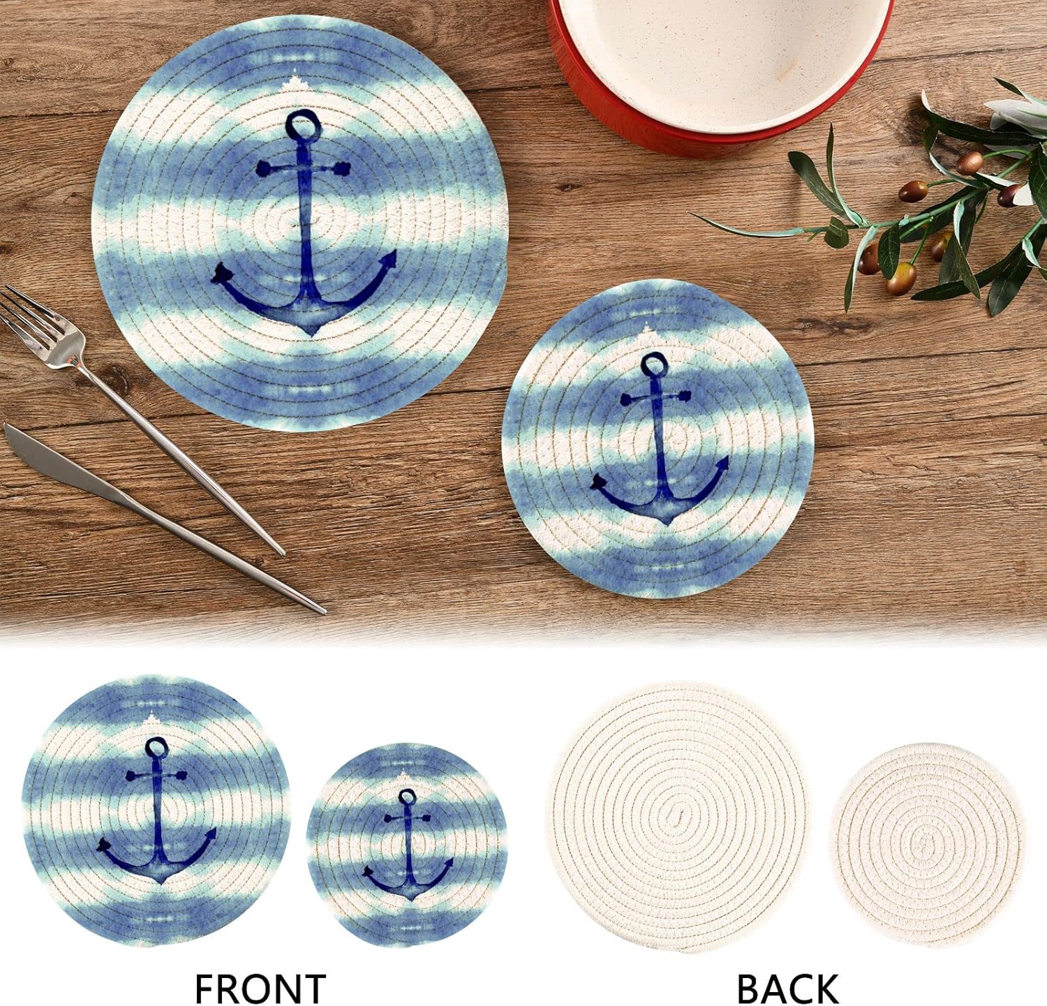 Anclajes náuticos, soportes para ollas de mar, 2 piezas resistentes al calor para platos calientes, acuarelas de verano, tejido de hilo de algodón