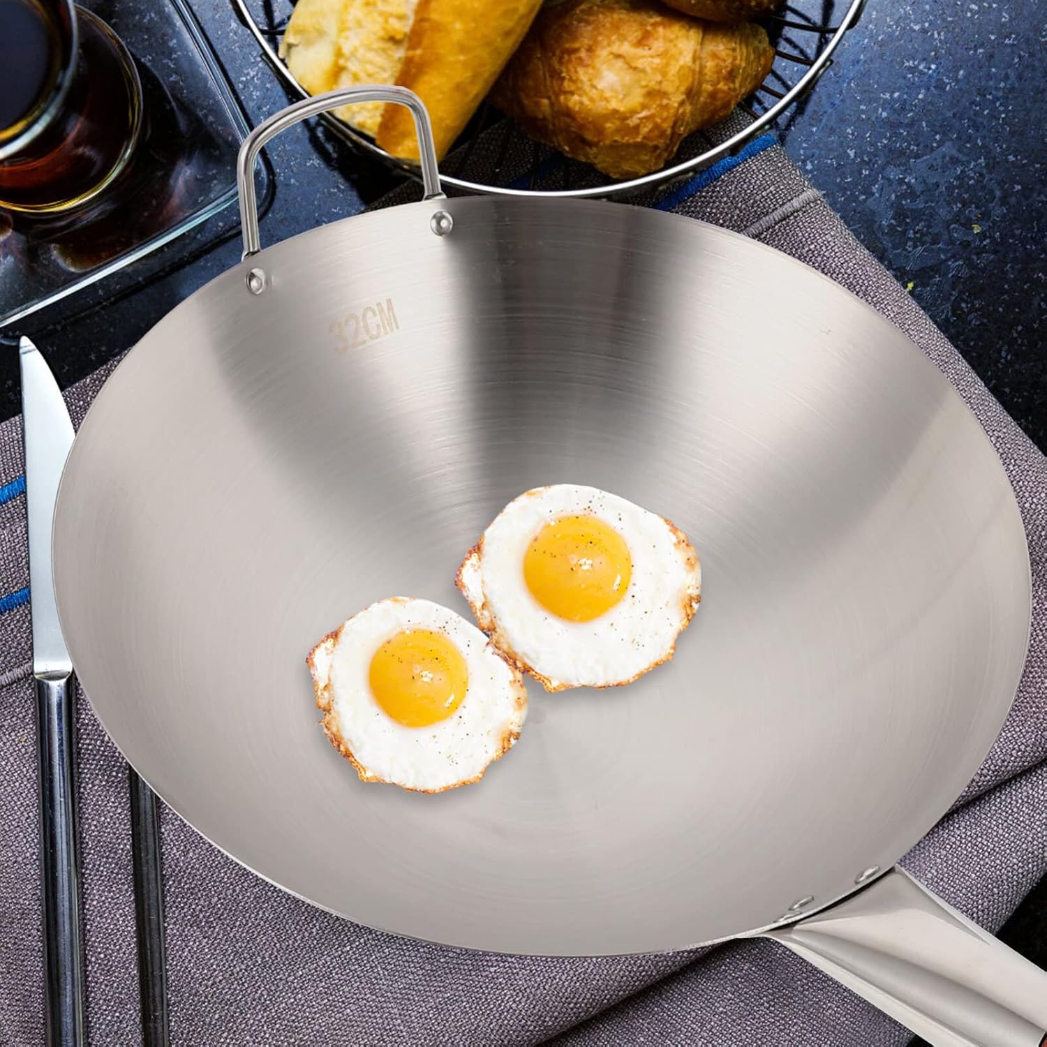 Kichvoe Sartén wok de acero al carbono de fondo redondo, Pow Wok de acero al carbono, wok y sartenes para cocinar en el hogar y profesional-12.5