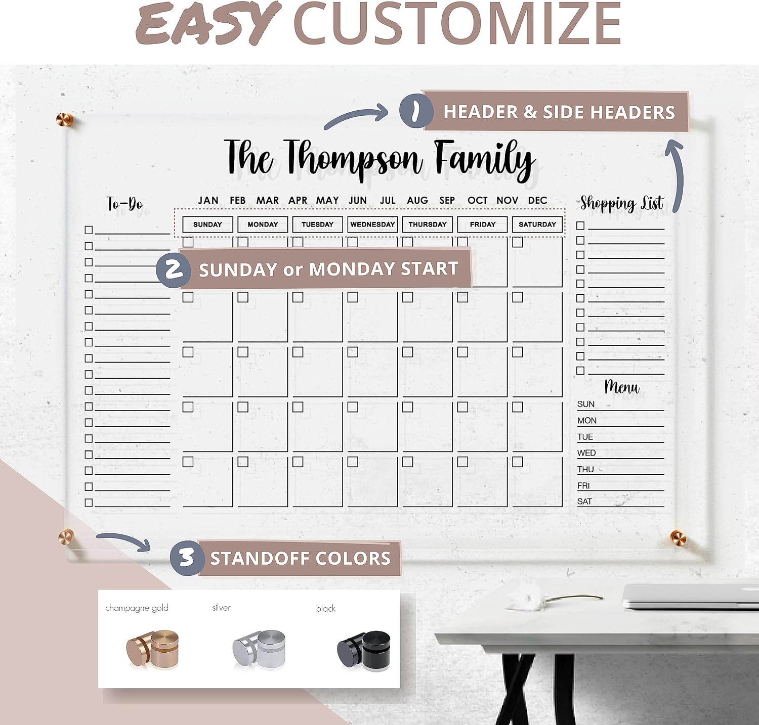 Calendario de pared acrílico personalizado de alta calidad, plexiglás seco y borrable  Diseño acrílico ultra claro con nombre de familia acrílico