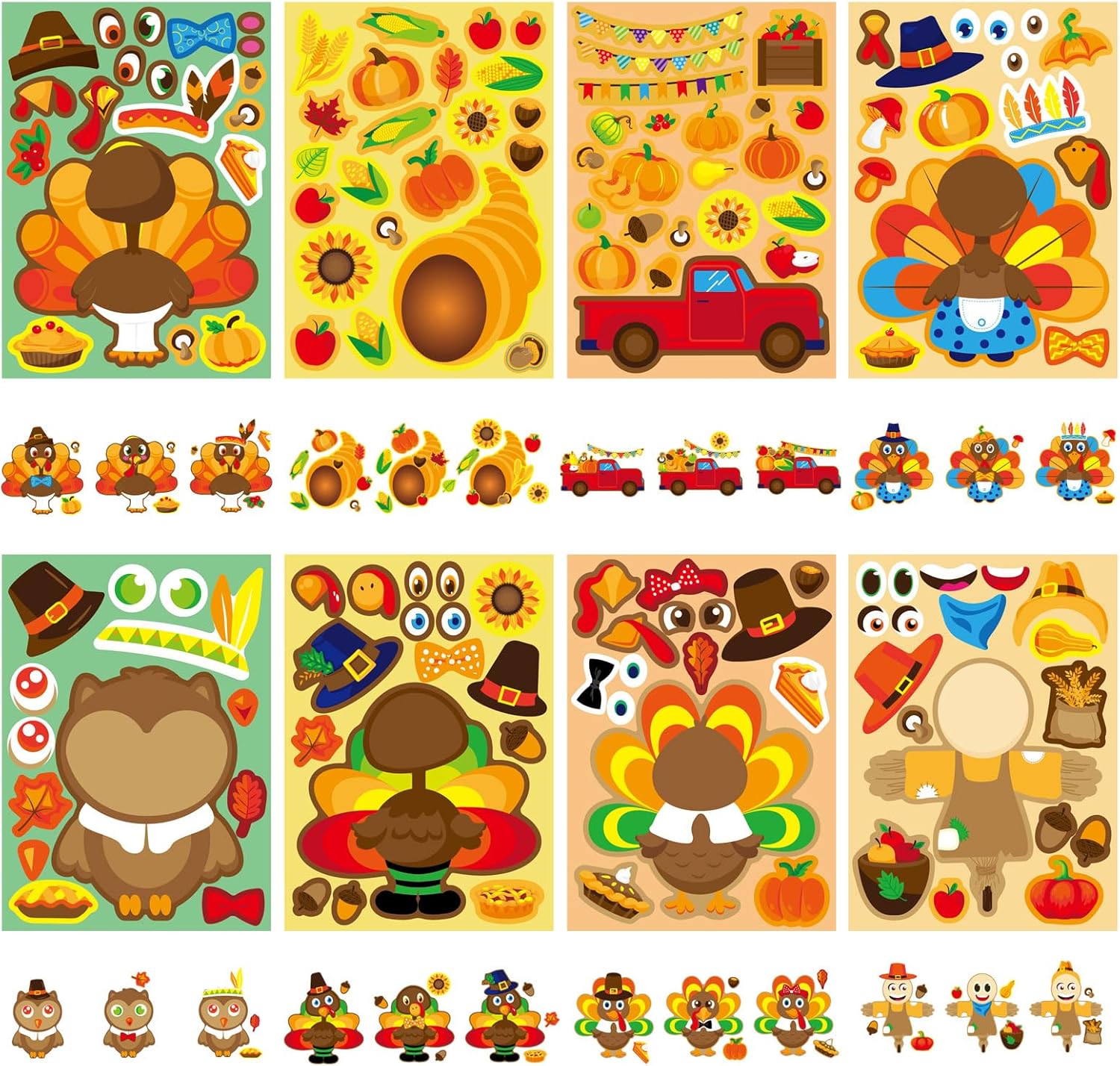 Calcomanías de Acción de Gracias para niños, 40 hojas de calcomanías de cara de pavo, regalos de fiesta de Acción de Gracias, suministros de juegos