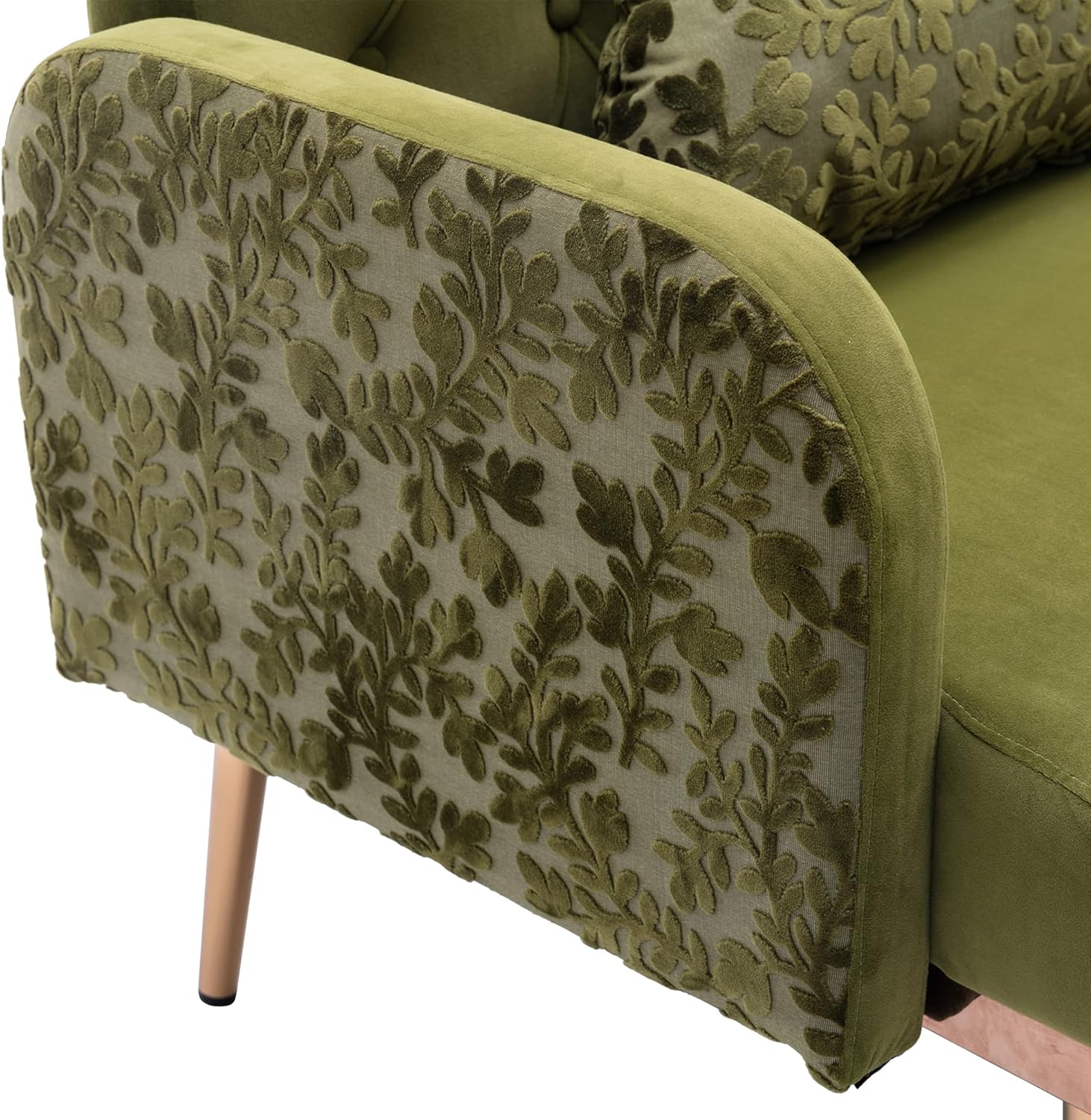 Sofá biplaza verde de terciopelo, sofá pequeño para dormitorio, sofá con pies de metal, 2 almohadas incluidas