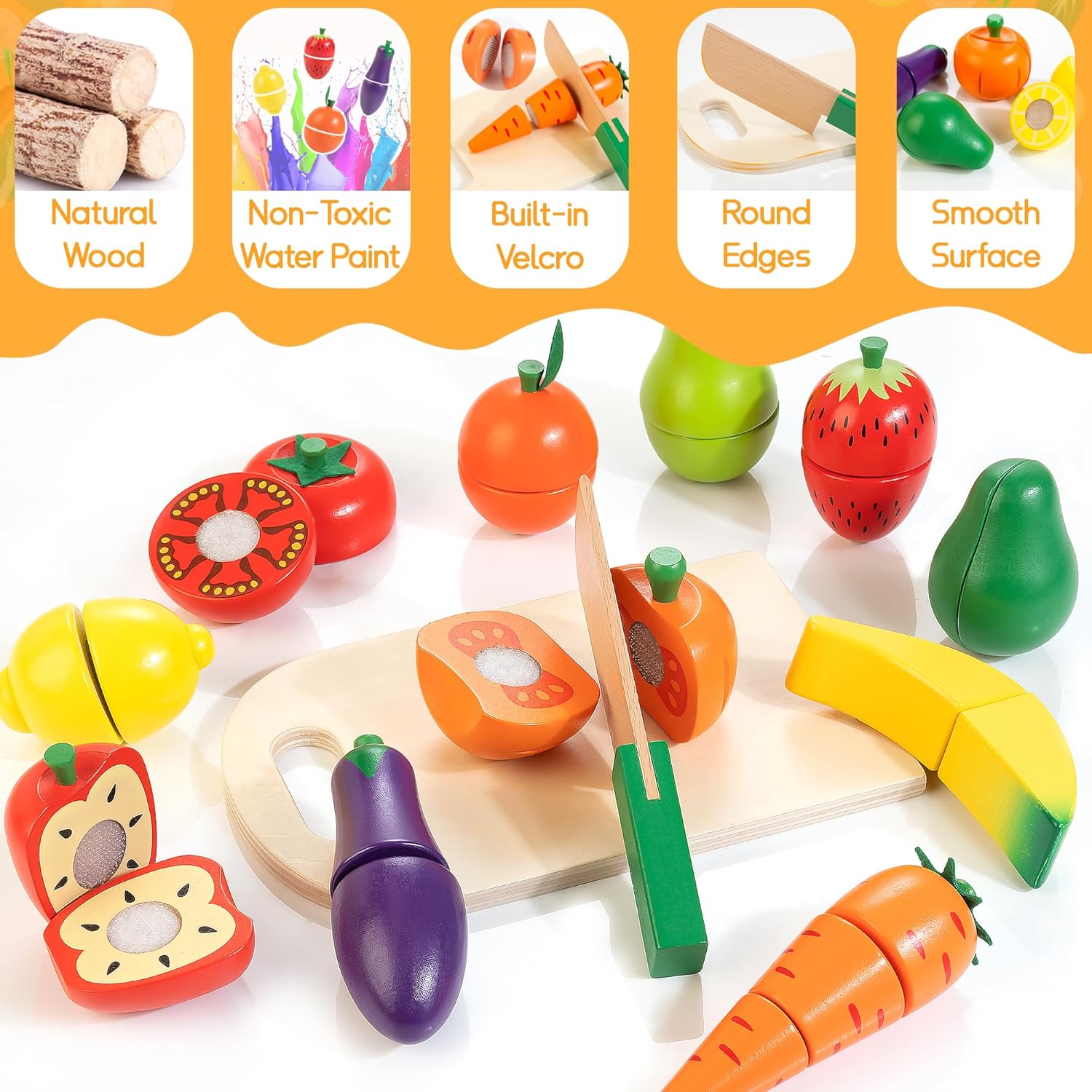 Comida de madera para niños pequeños, juego de corte de frutas y verduras con velcro para niños, accesorios de cocina para niños y niñas de 3, 4, 5,
