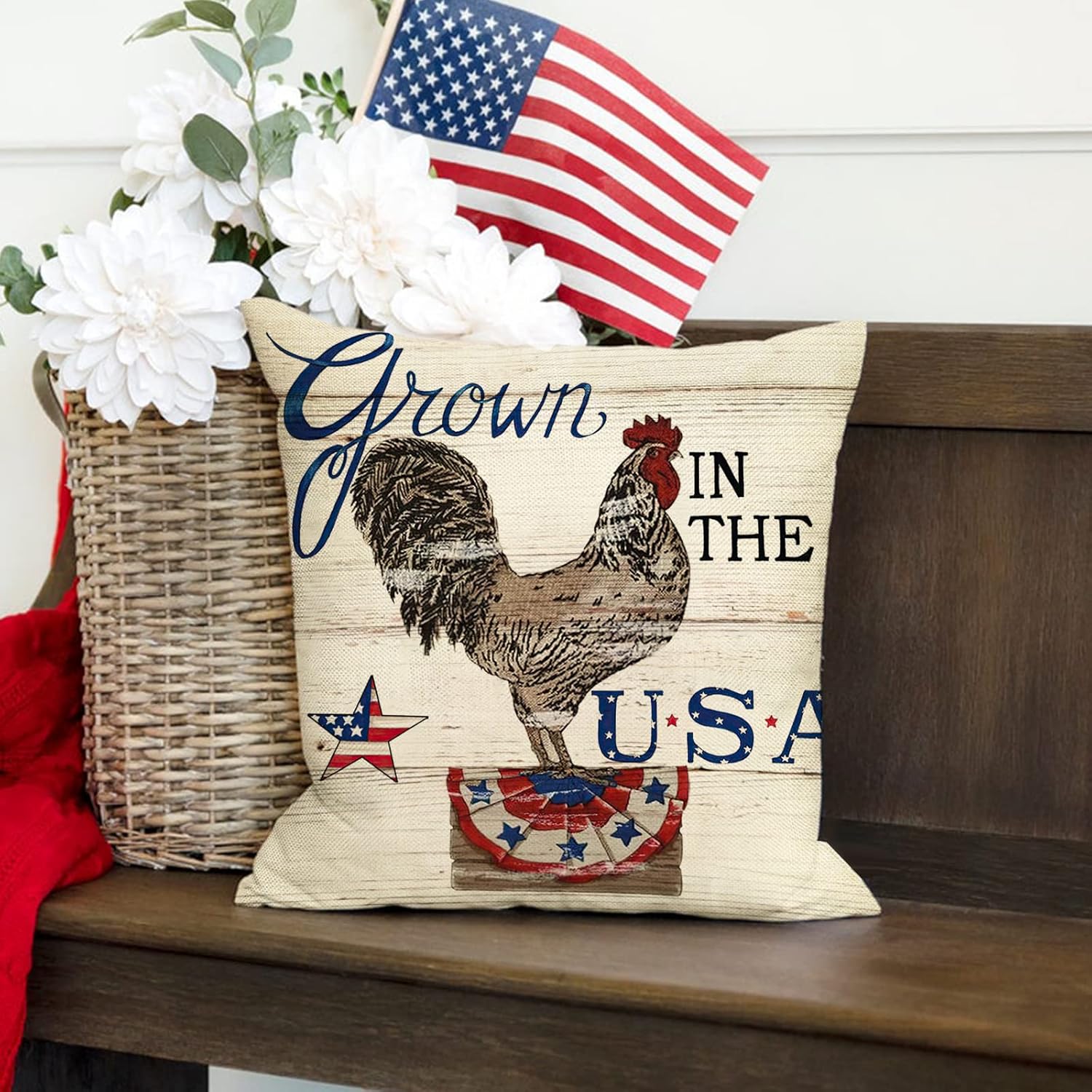 Juego de 4 fundas de almohada decorativas con bandera estadounidense del 4 de julio, 18 x 18 pulgadas, diseño patriótico de Estados Unidos, granja