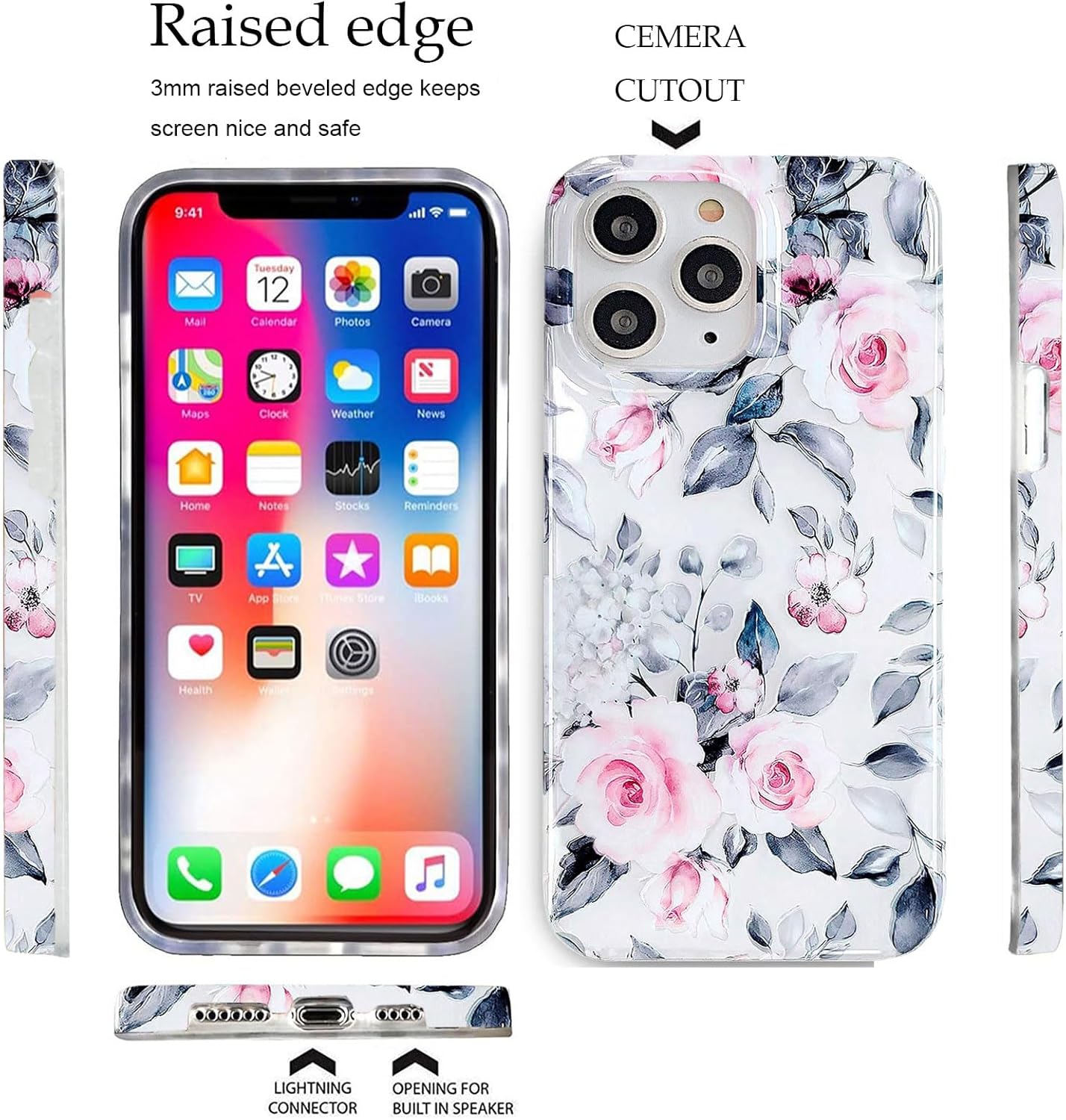 J.west Funda para iPhone 11 Pro Max 6.5, suave a prueba de golpes, linda funda protectora de teléfono floral rosa para mujer, diseño retro