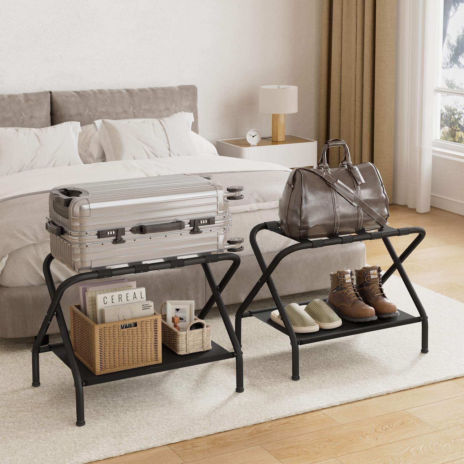 Dunatou Portaequipajes plegable de acero con estante de almacenamiento, soporte de equipaje de acero para habitación de invitados, hotel,