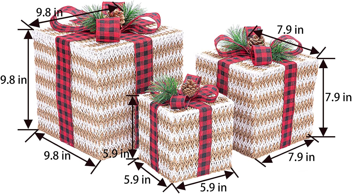 Sunnyglade Juego de 3 cajas de regalo iluminadas de Navidad de 10 a 8 a 6 pulgadas, cajas de decoración con enchufe, lazos, hojas de pino