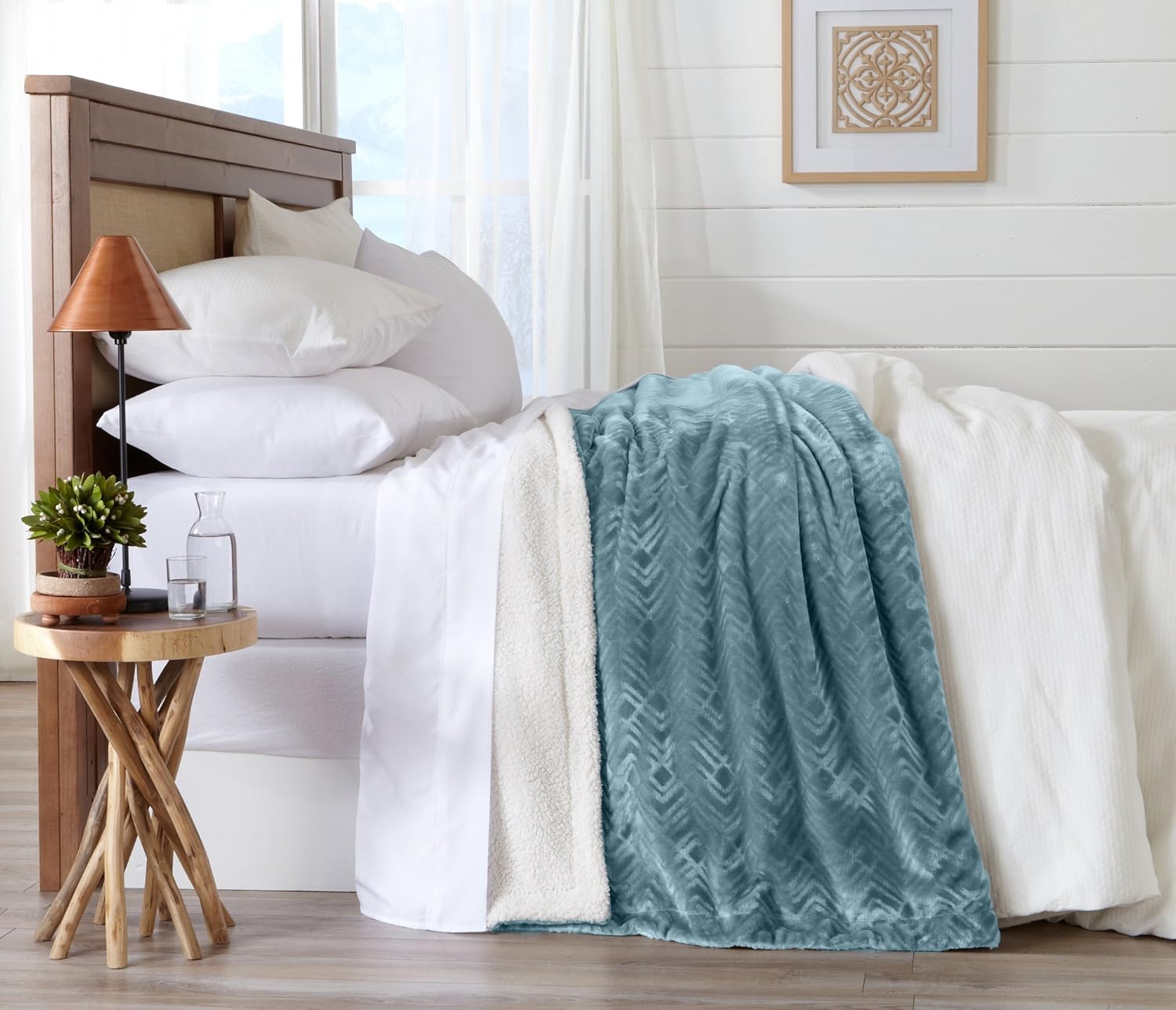 Manta reversible de Sherpa y vellón aterciopelado. Manta para la cama de vellón suave, cálida y acogedora. Colección Cielo. (Full  Queen, azul Surf)