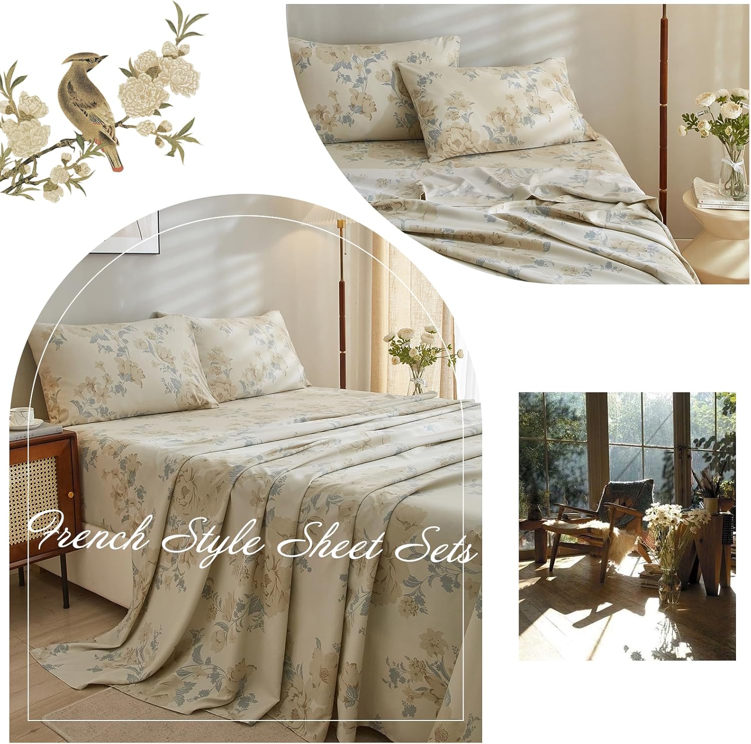 VClife Juego de sábanas de tamaño California King, ultra suaves con estampado floral beige, 4 piezas de bolsillo profundo, sábanas transpirables y