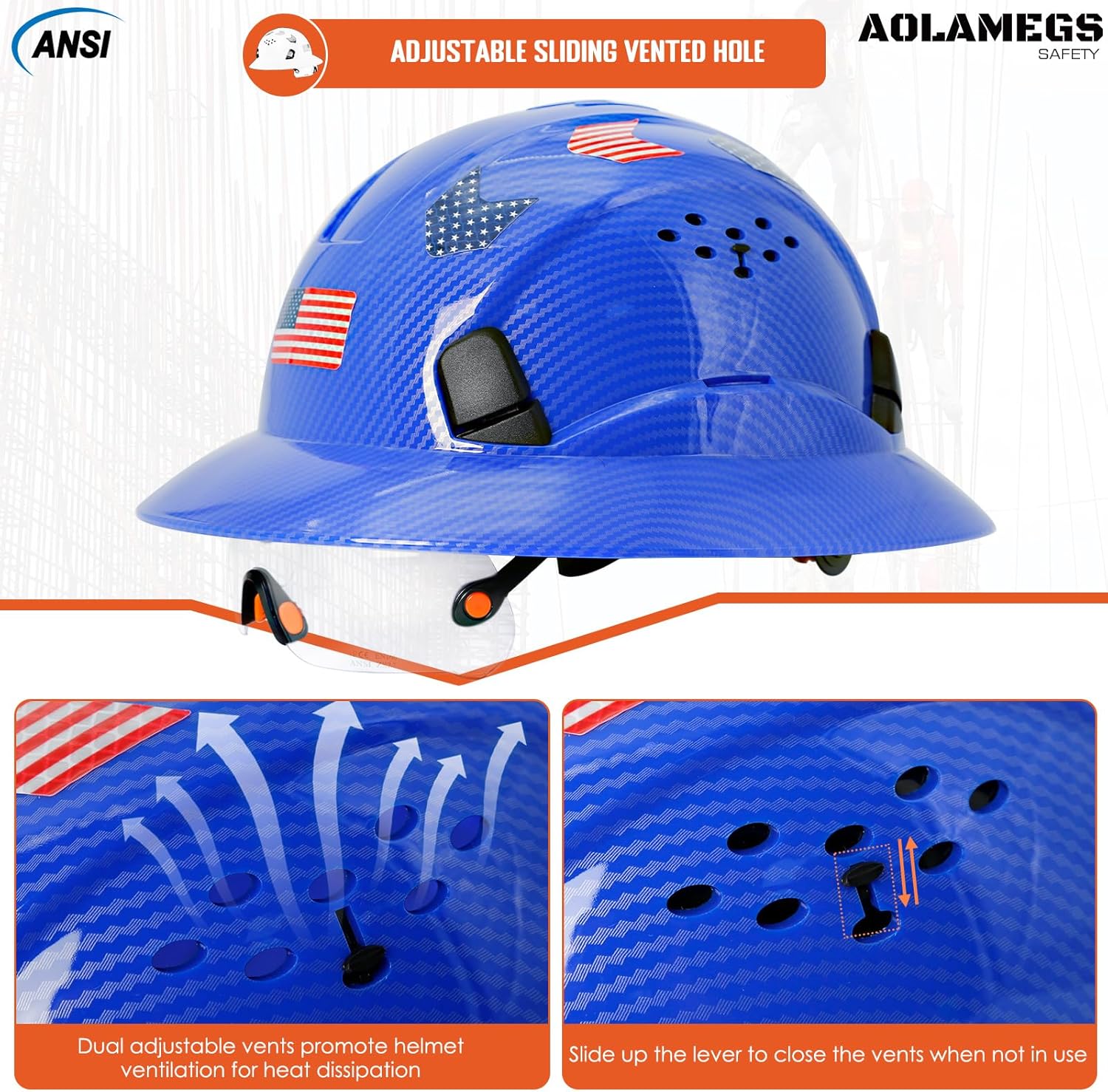Aolamegs Safe Casco duro de ala completa con patrón de fibra de carbono con visera, casco de seguridad de construcción aprobado por la OSHA para