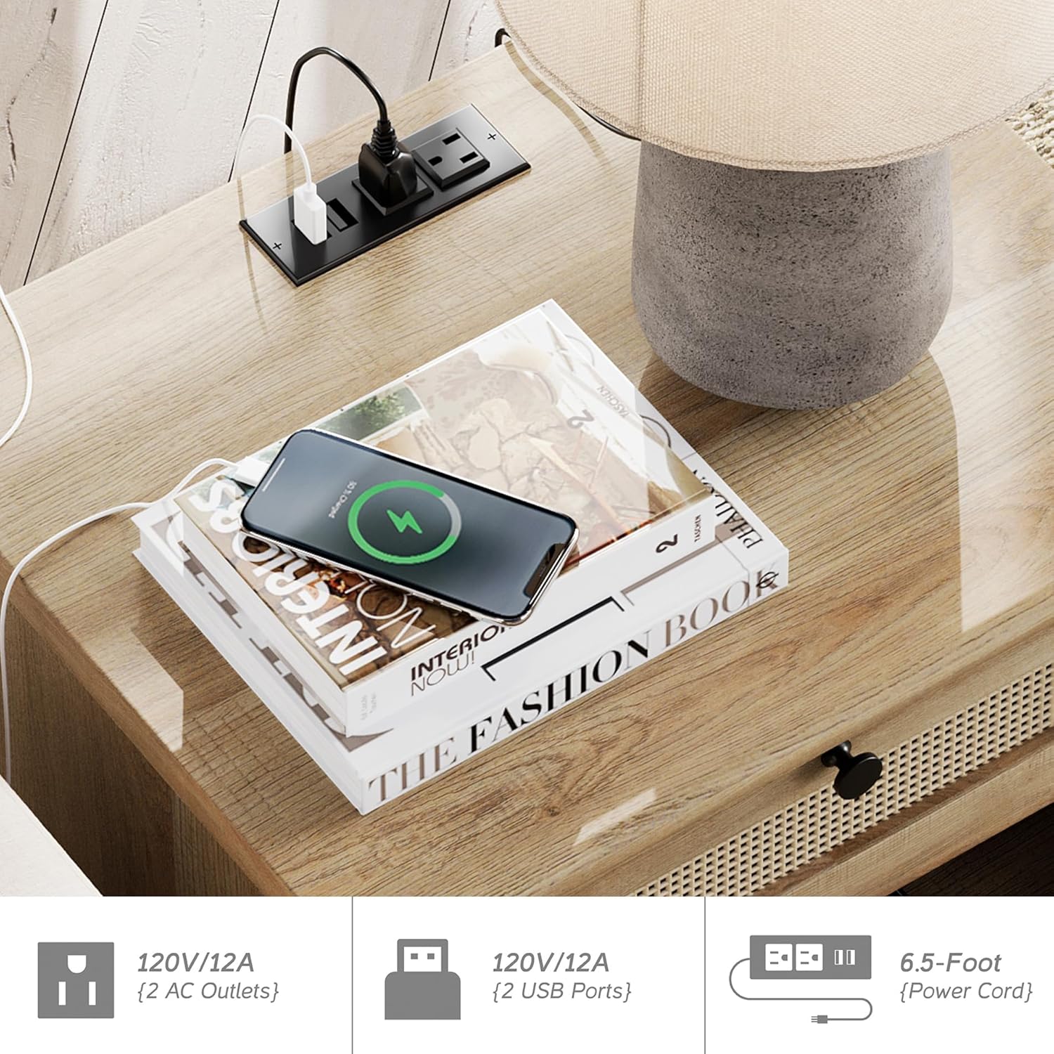 WAMPAT Mesita de noche de ratán con estación de carga para dormitorio, mesa auxiliar pequeña con cajones y estante abierto, mesita de noche de