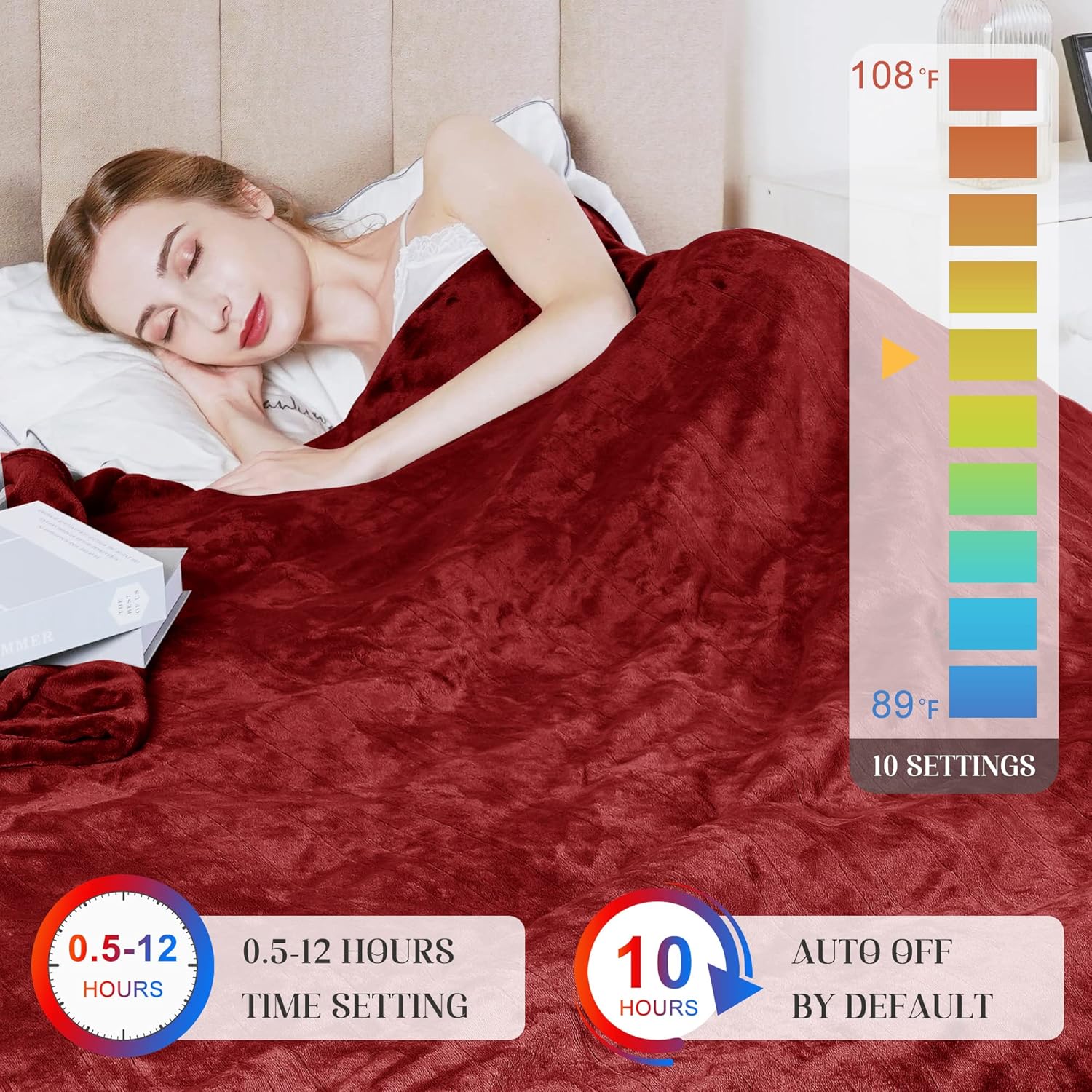 Sunvivi Manta térmica tamaño Queen, manta eléctrica de calefacción con doble control, terciopelo suave, 10 ajustes de calor, 12 horas de apagado