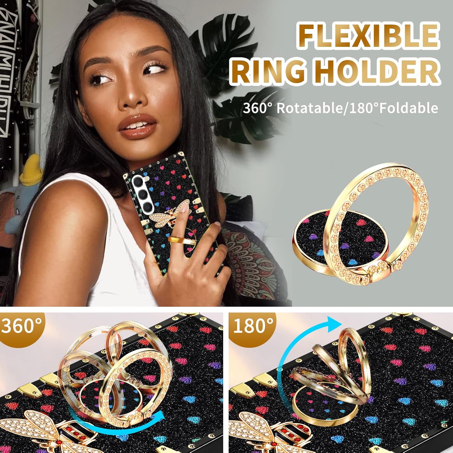 Loheckle Elegante funda para Samsung Galaxy A14 5G para mujer, funda cuadrada de diseñador para Samsung A14 5G con soporte de anillo y cordón,