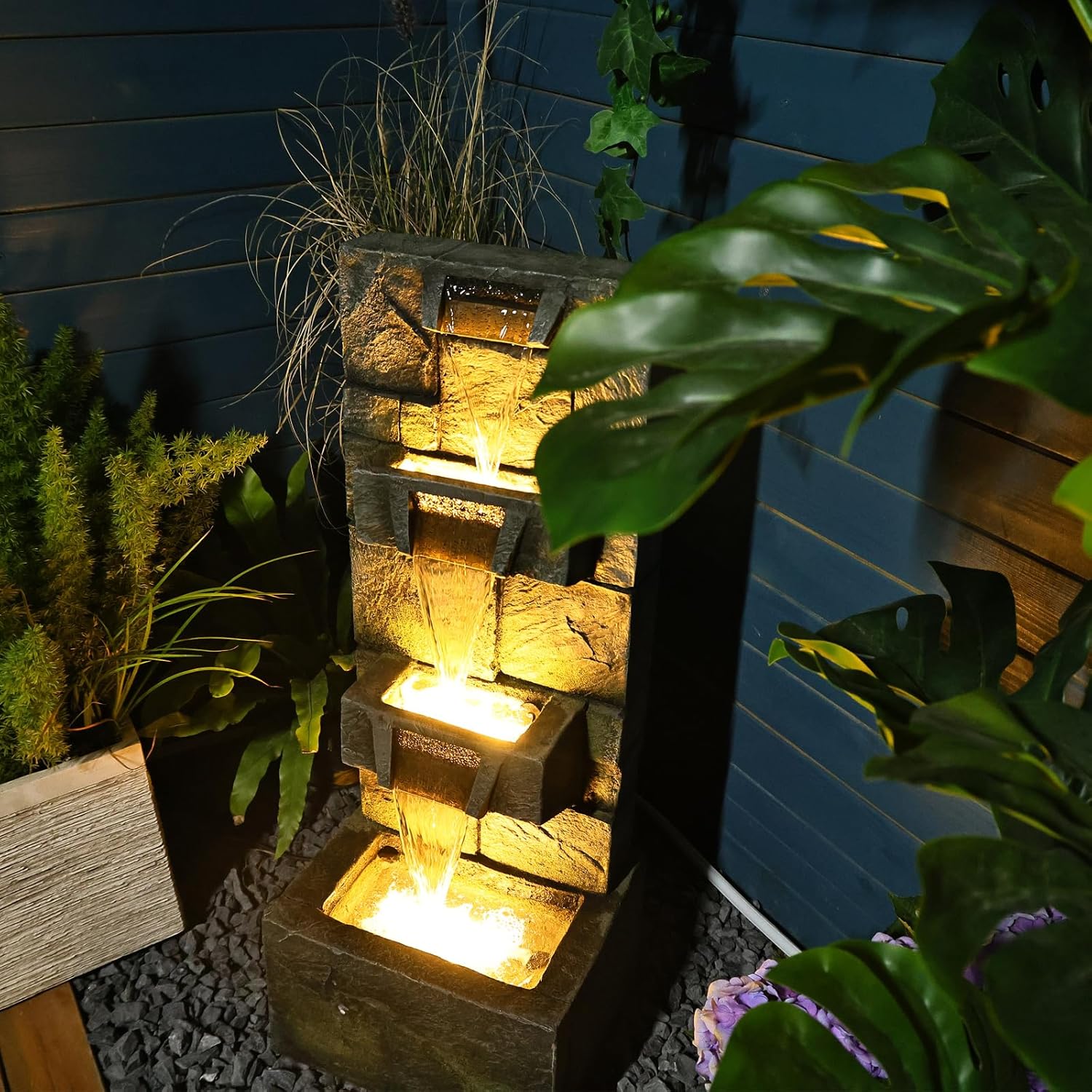 Fuente de agua para exteriores, fuente de agua para interiores y exteriores, cascada de 32.28 pulgadas con bomba de luces para jardín, patio,