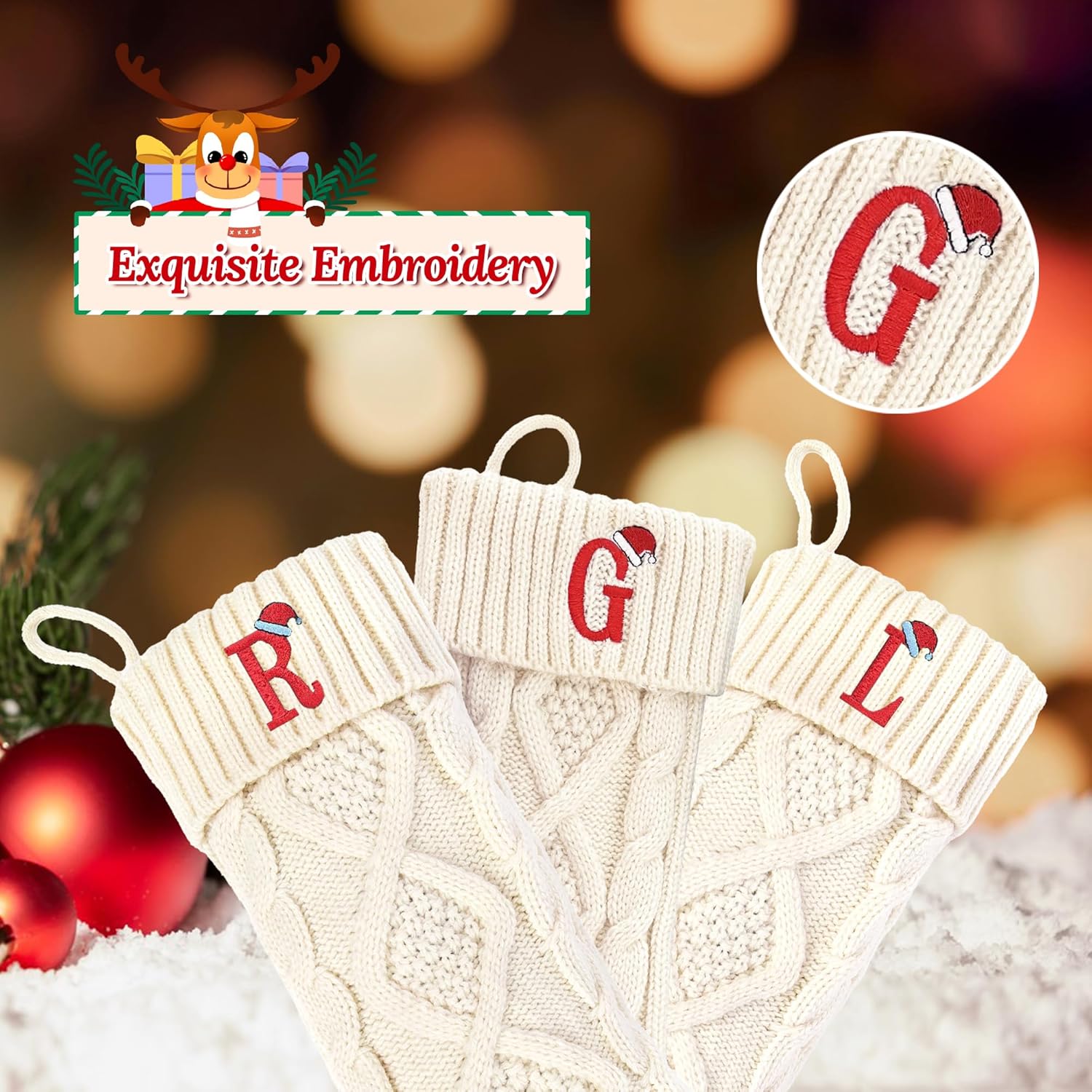 Monograma personalizado de calcetín de Navidad, calcetines de Navidad de punto blanco grande (R)