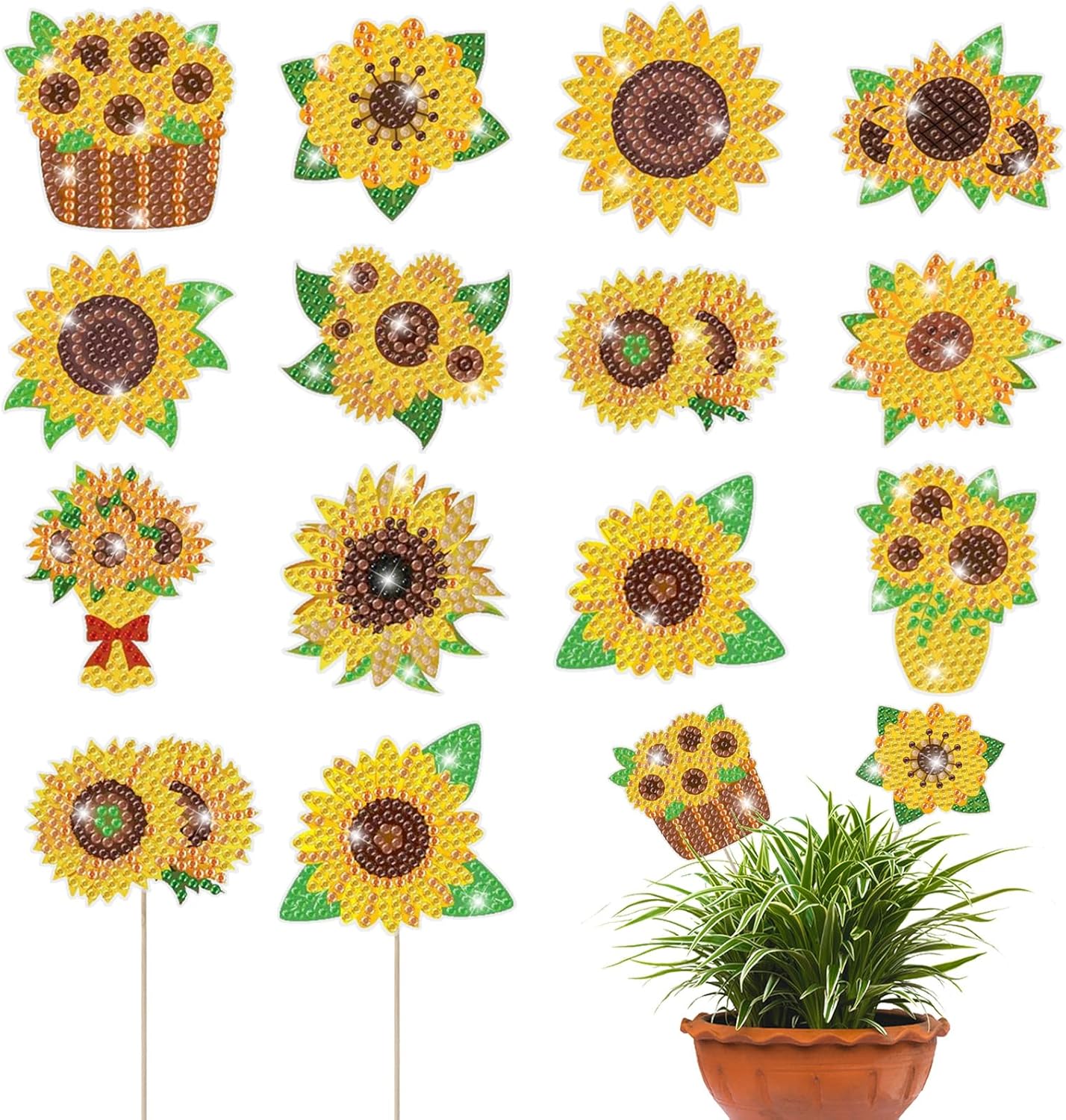 Huwena 12 piezas de pintura de diamante de girasol para decoración de jardín, estacas de pintura de diamante, flores, estacas de jardín, estacas de