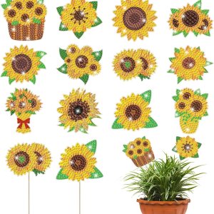 Huwena 12 piezas de pintura de diamante de girasol para decoración de jardín, estacas de pintura de diamante, flores, estacas de jardín, estacas de Huwena 12 piezas de pintura de diamante de girasol para decoración de jardín, estacas de pintura de diamante, flores, estacas de jardín, estacas de