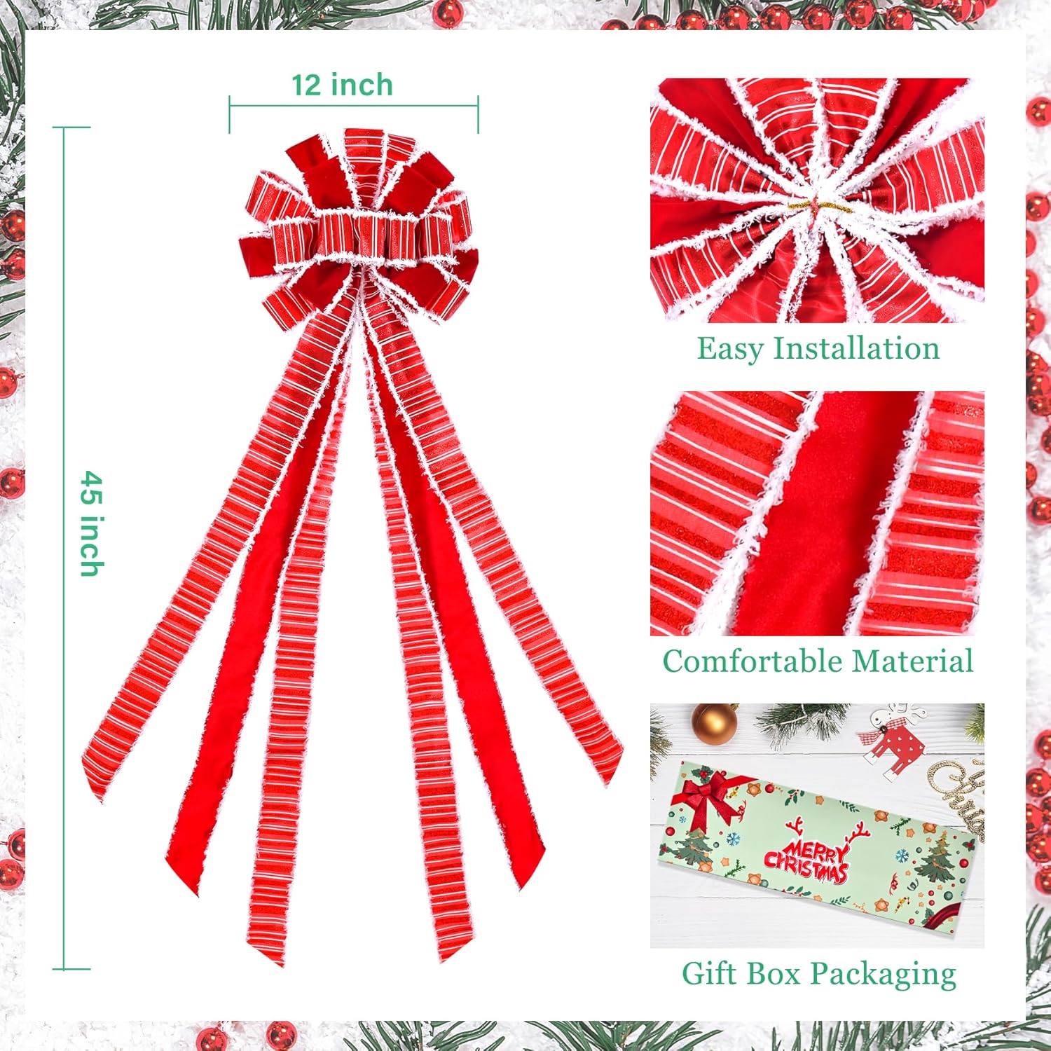Decoración para árbol de Navidad, lazo grande rojo para árbol de Navidad, arpillera con borde de poliéster blanco, lazo de regalo para adorno de
