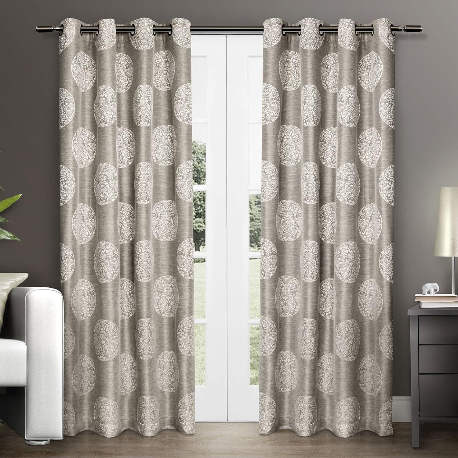 Exclusive Home Curtains – Exclusive Home Akola Medallion Jacquard de lino – Par de paneles de cortinas con arandelas para ventanas.