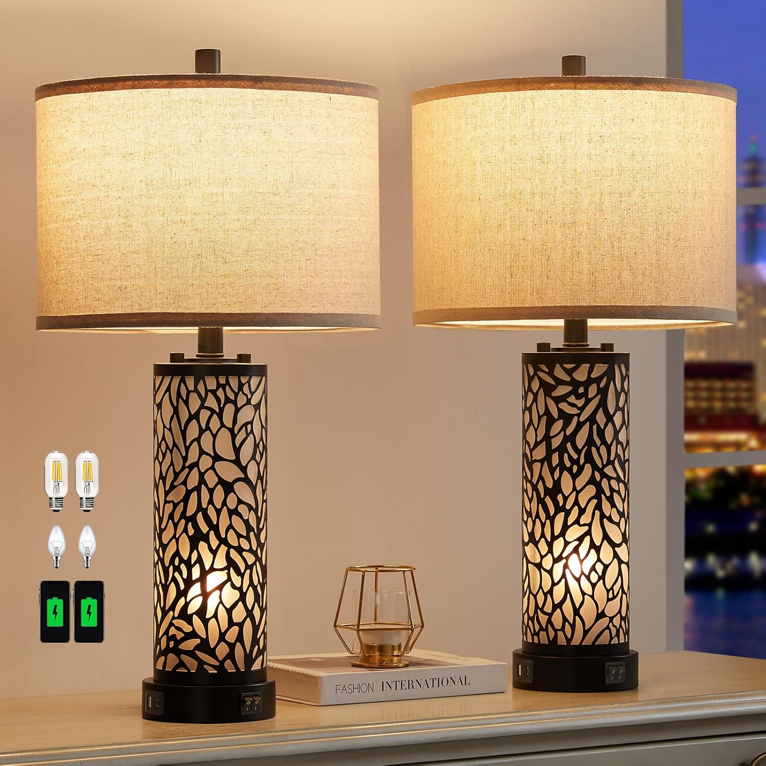 RORIANO Juego de 2 lámparas de mesa modernas para sala de estar con 2 puertos de carga USB, luz nocturna de vidrio esmerilado blanco para