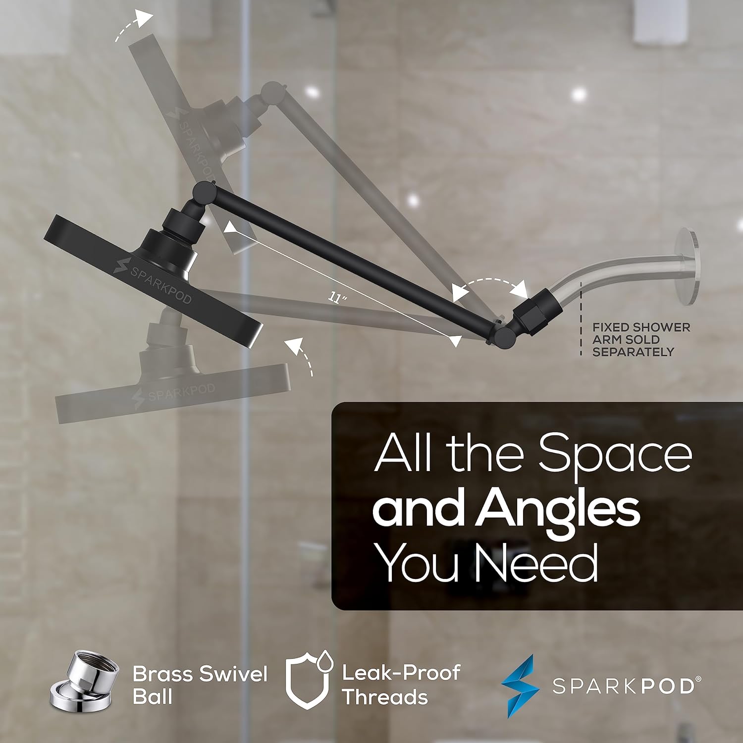 SparkPod Cabezal de ducha de lluvia cuadrado con brazo de extensión de cabezal de ducha, lluvia de alta presión, aspecto moderno de lujo,