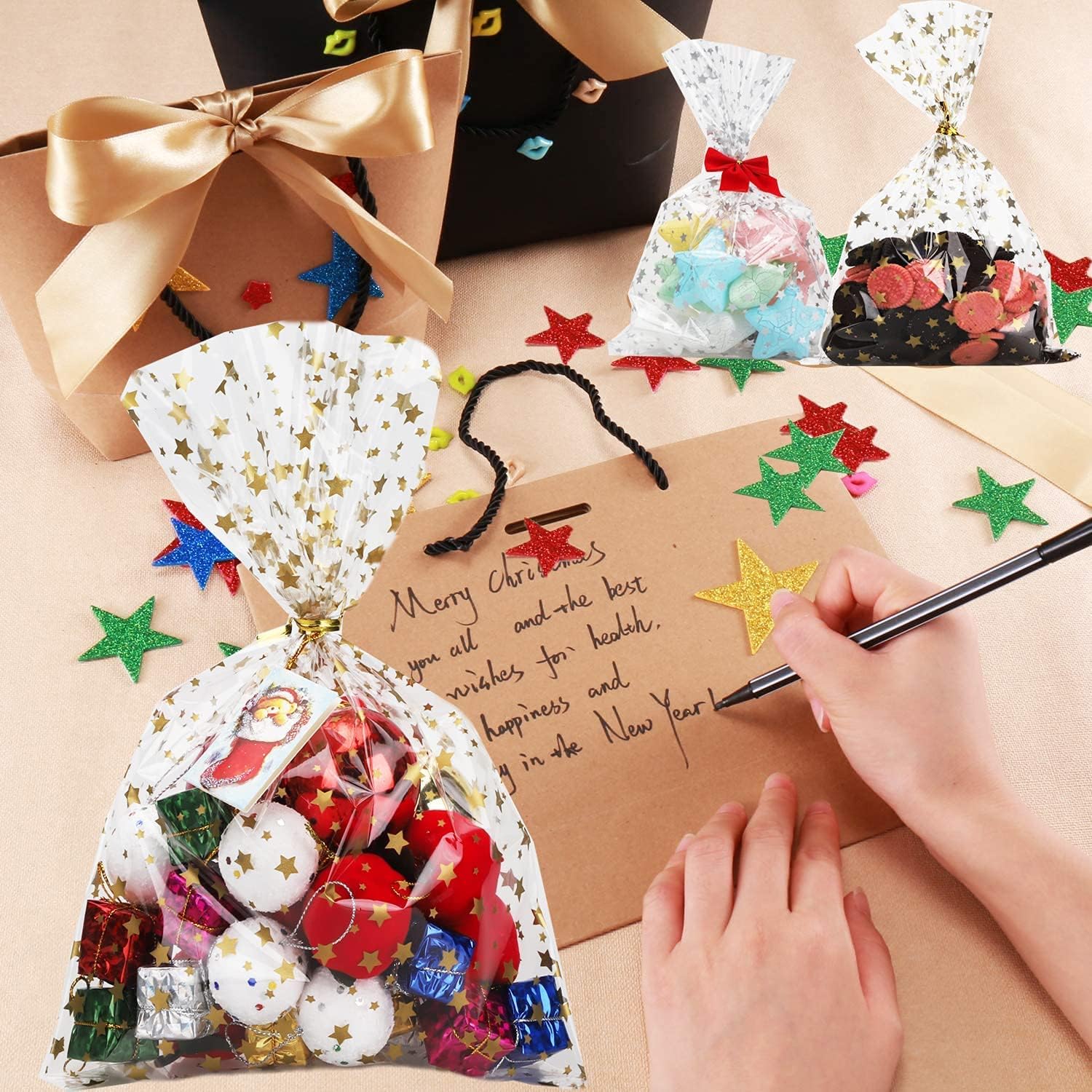 COQOFA 200 bolsas de regalo con estampado de estrellas de 4 x 9 pulgadas, bolsas de celofán para regalo, bolsas de regalo de fiesta, bolsas