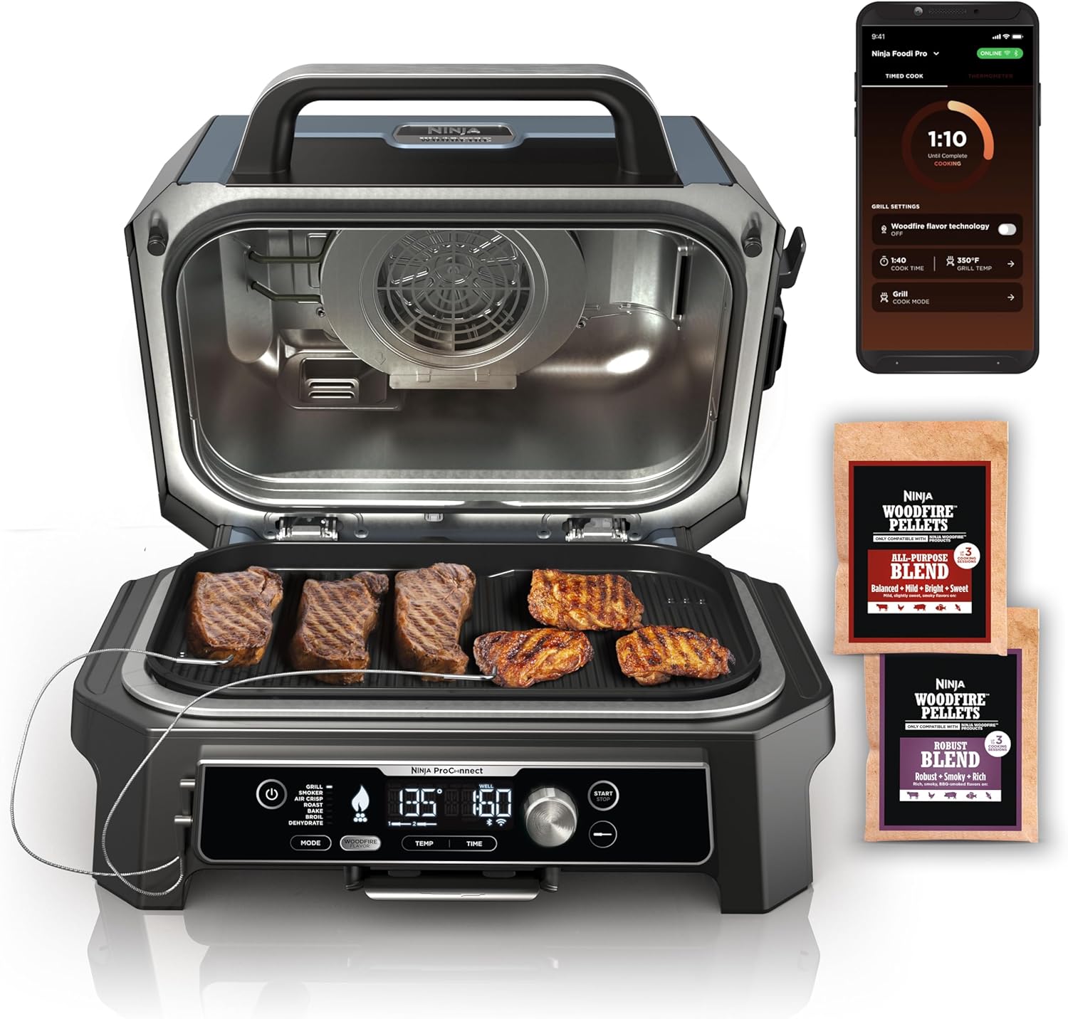 Ninja OG951 Woodfire Pro Connect Premium XL – Parrilla y ahumador para exteriores, Bluetooth, habilitado para aplicaciones, parrilla principal 7 en