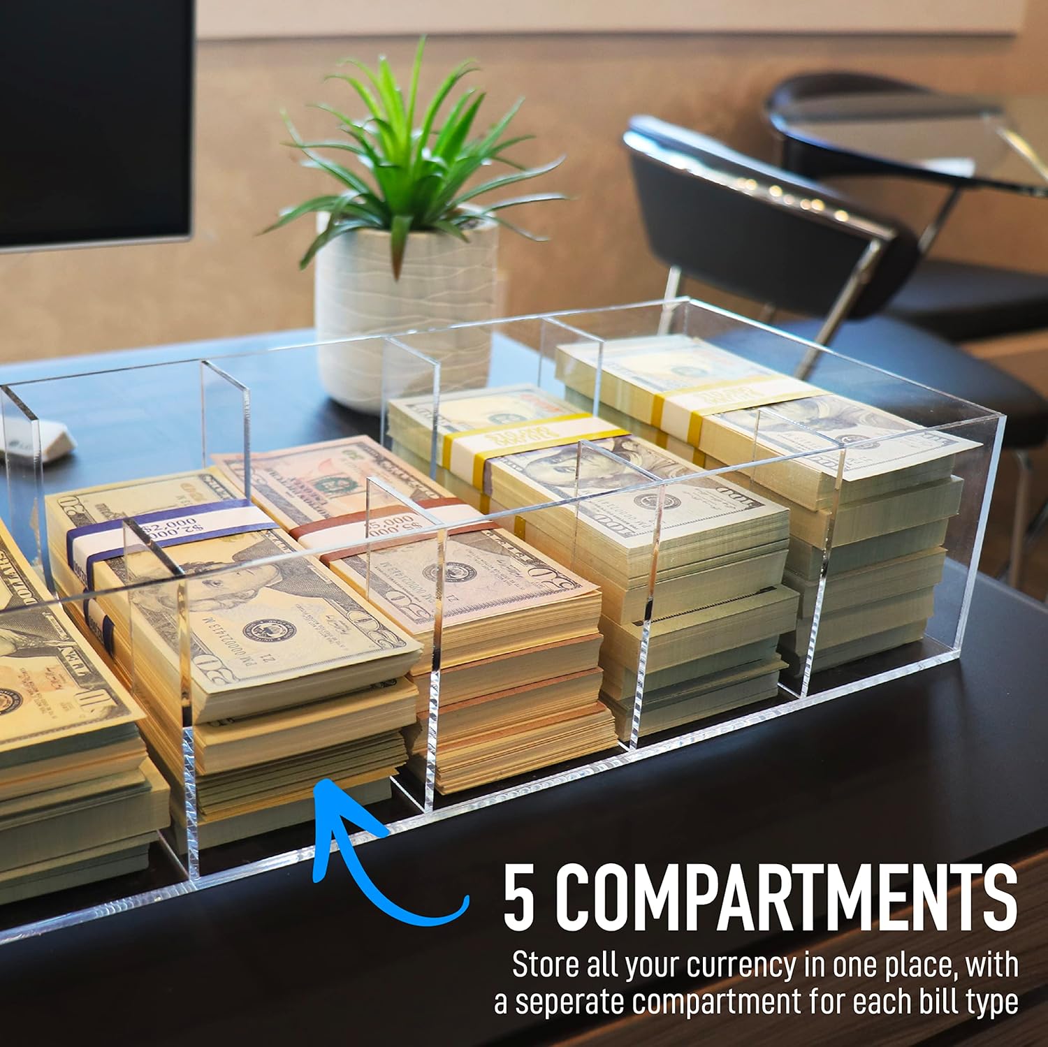 Bandeja transparente para monedas, organizador de efectivo de 5 compartimentos, caja de almacenamiento de dinero, 300 envoltorios de monedas