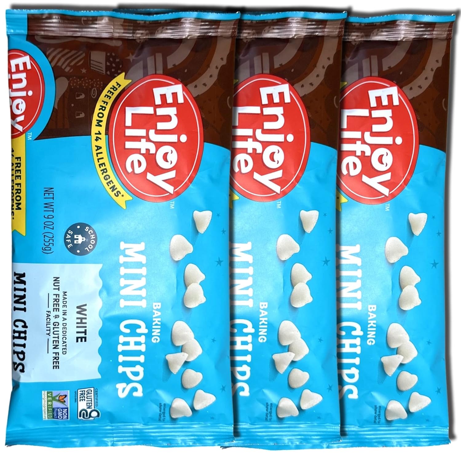 Tribeca Curations Mini chips para hornear de chocolate blanco, sin alérgenos, aprobado por la escuela, 9 onzas, paquete económico de 3
