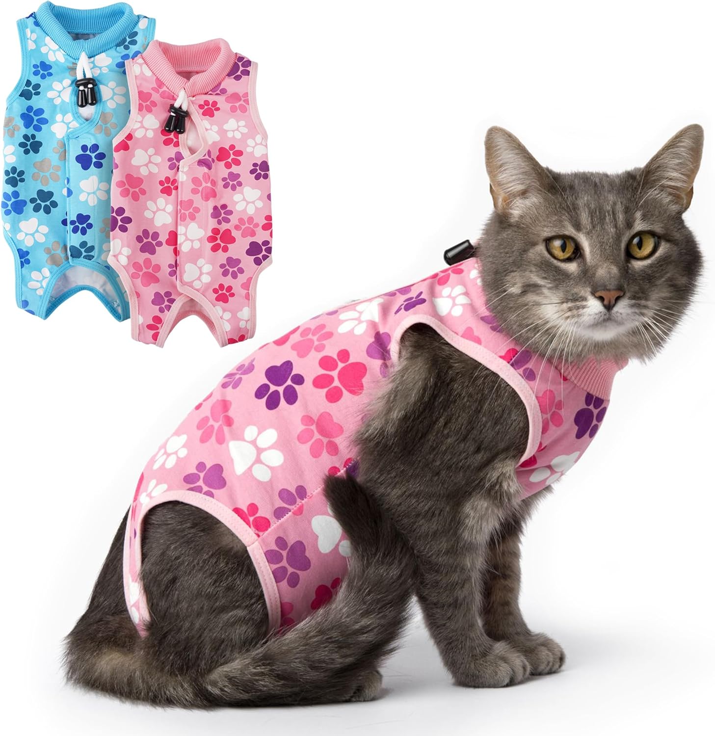Traje de recuperación para gatos traje de recuperación de cirugía de gato rosa para mujer con diseño de huellas – Traje de recuperación de gato