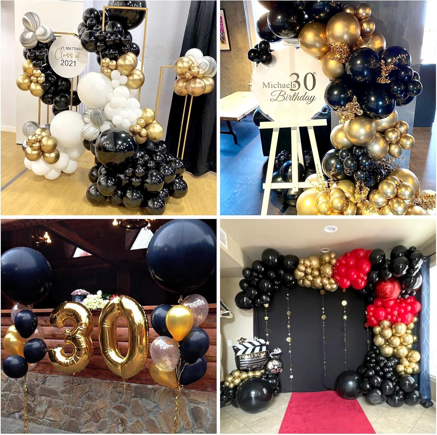 RUBFAC Kit de guirnalda de arco de globos negros y dorados, juego de globos de látex de 18125 pulgadas para fiesta de cumpleaños, boda, graduación,