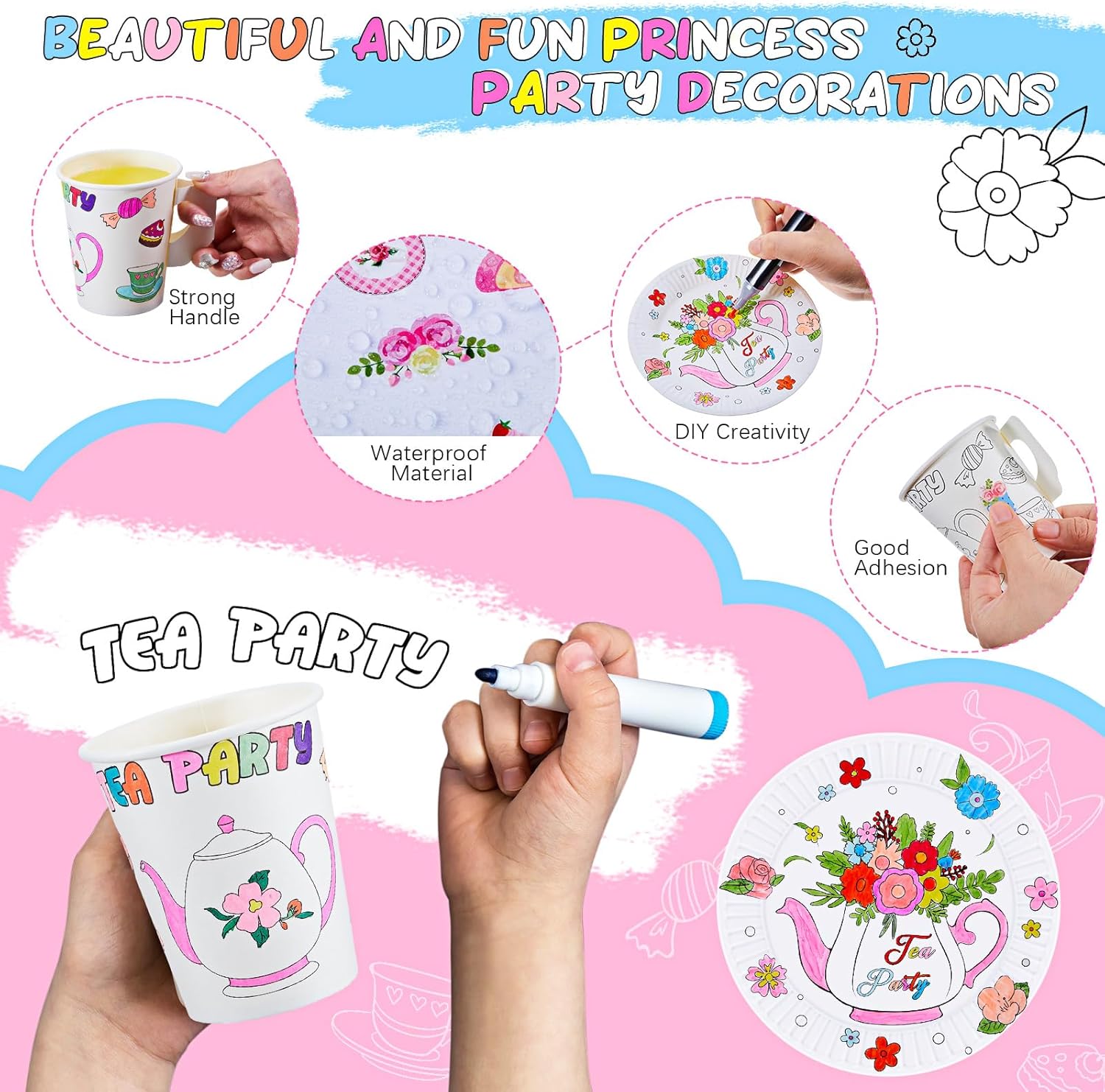 Tazas de té de papel con asa, tazas desechables para colorear para niños, tazas de té y platos de papel floral, calcomanías para fiestas de té,
