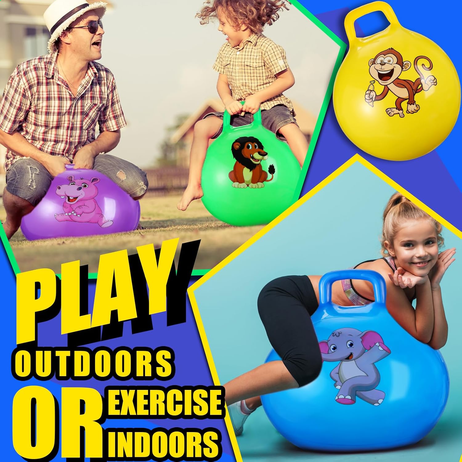 4 pelotas inflables de 18 pulgadas para niños de 3 a 6 años, pelota de tolva con mango y bomba, pelota de rebote de hippity hop con animales de